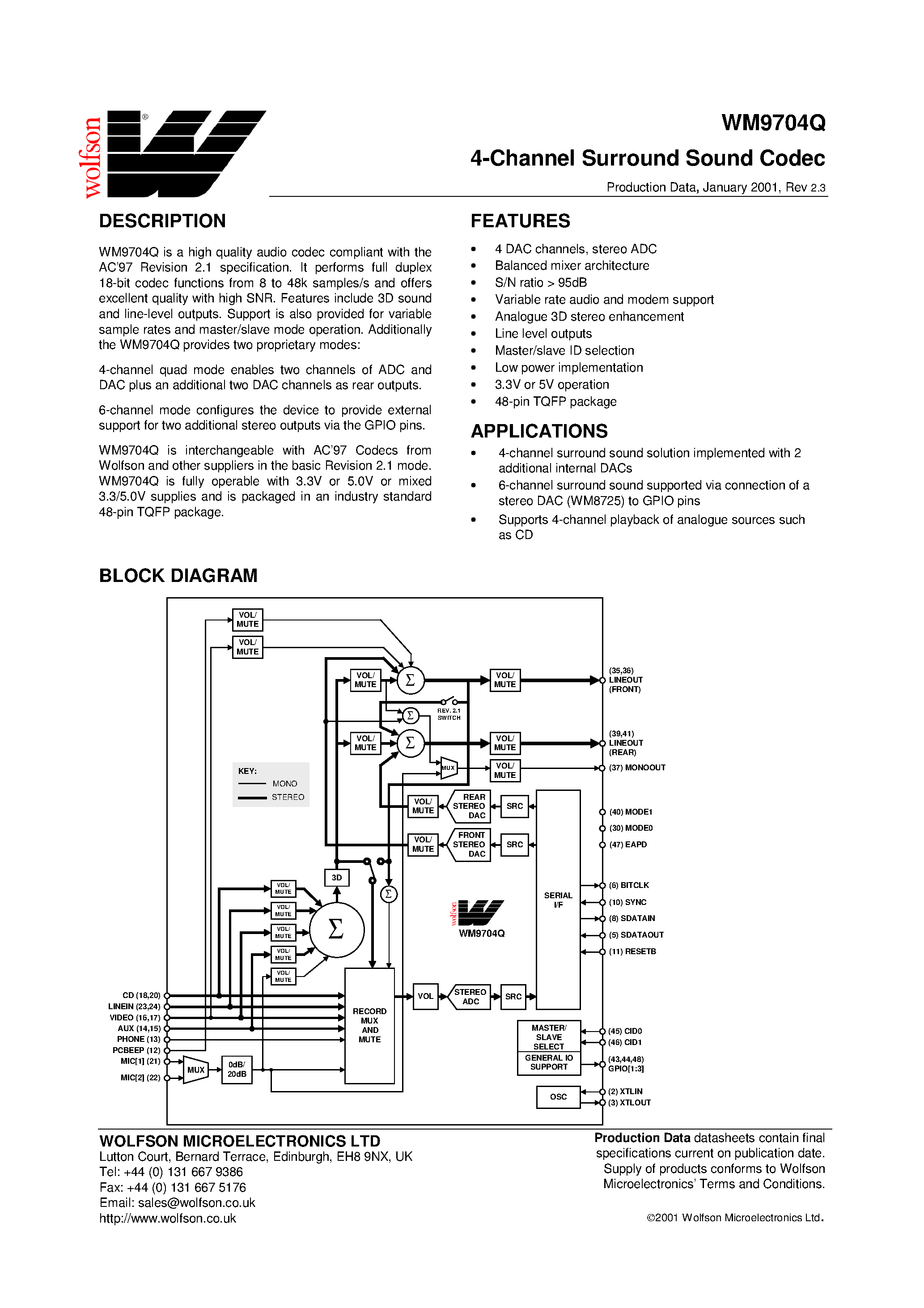 Datasheet WM9704Q - 4-Channel Surround Sound Codec page 1