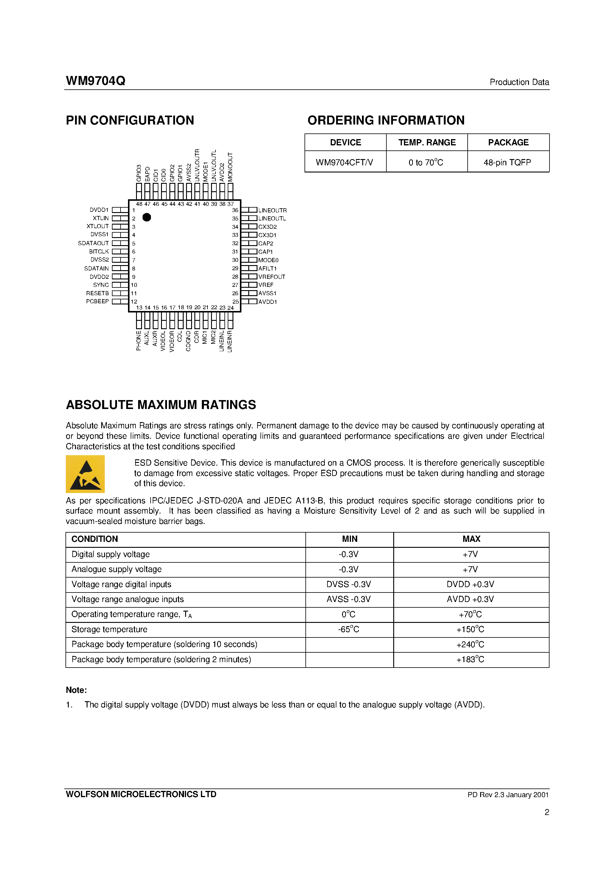 Datasheet WM9704Q - 4-Channel Surround Sound Codec page 2