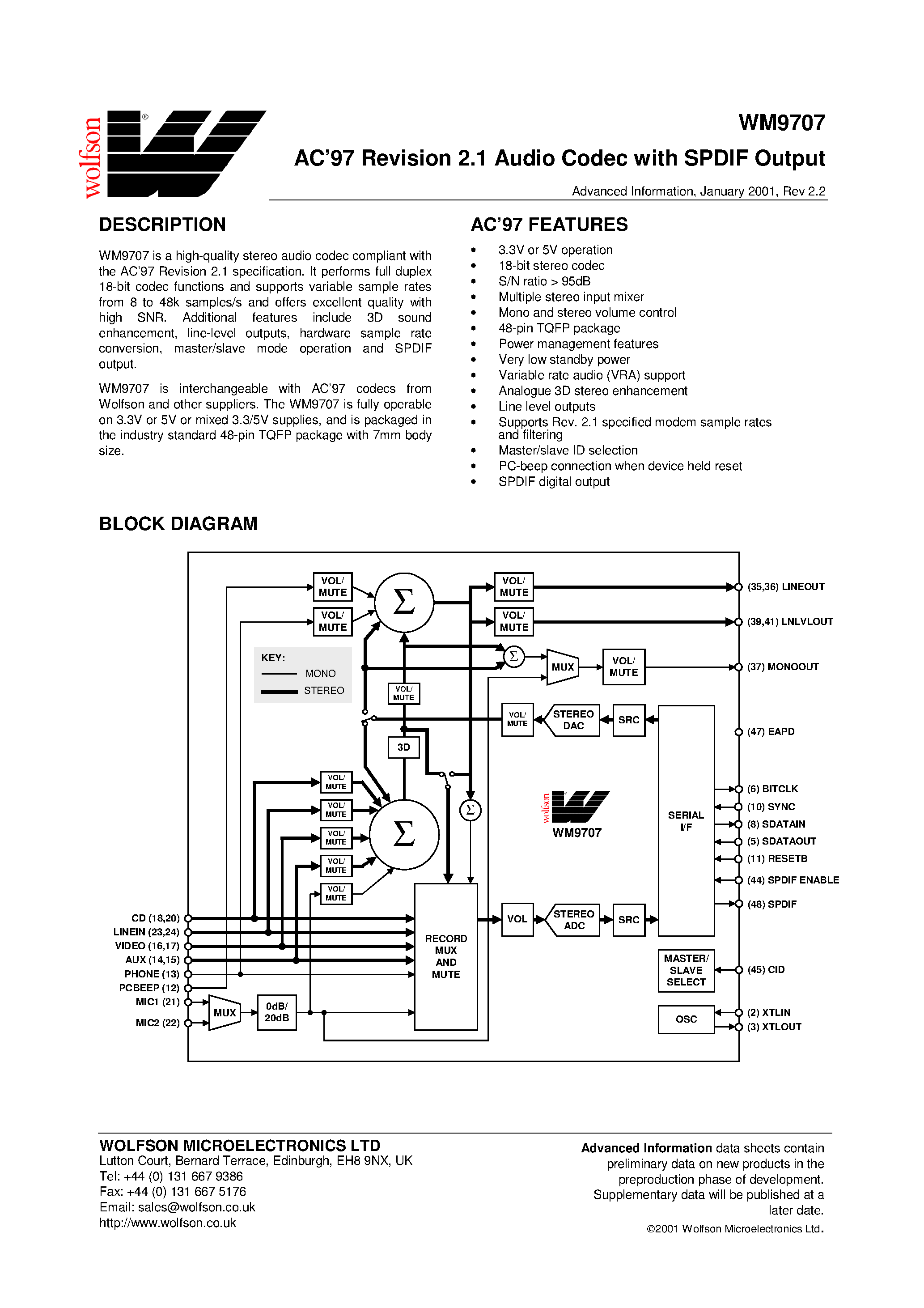 Даташит WM9707 - AC97 Revision 2.1 Audio Codec with Spdif Output страница 1