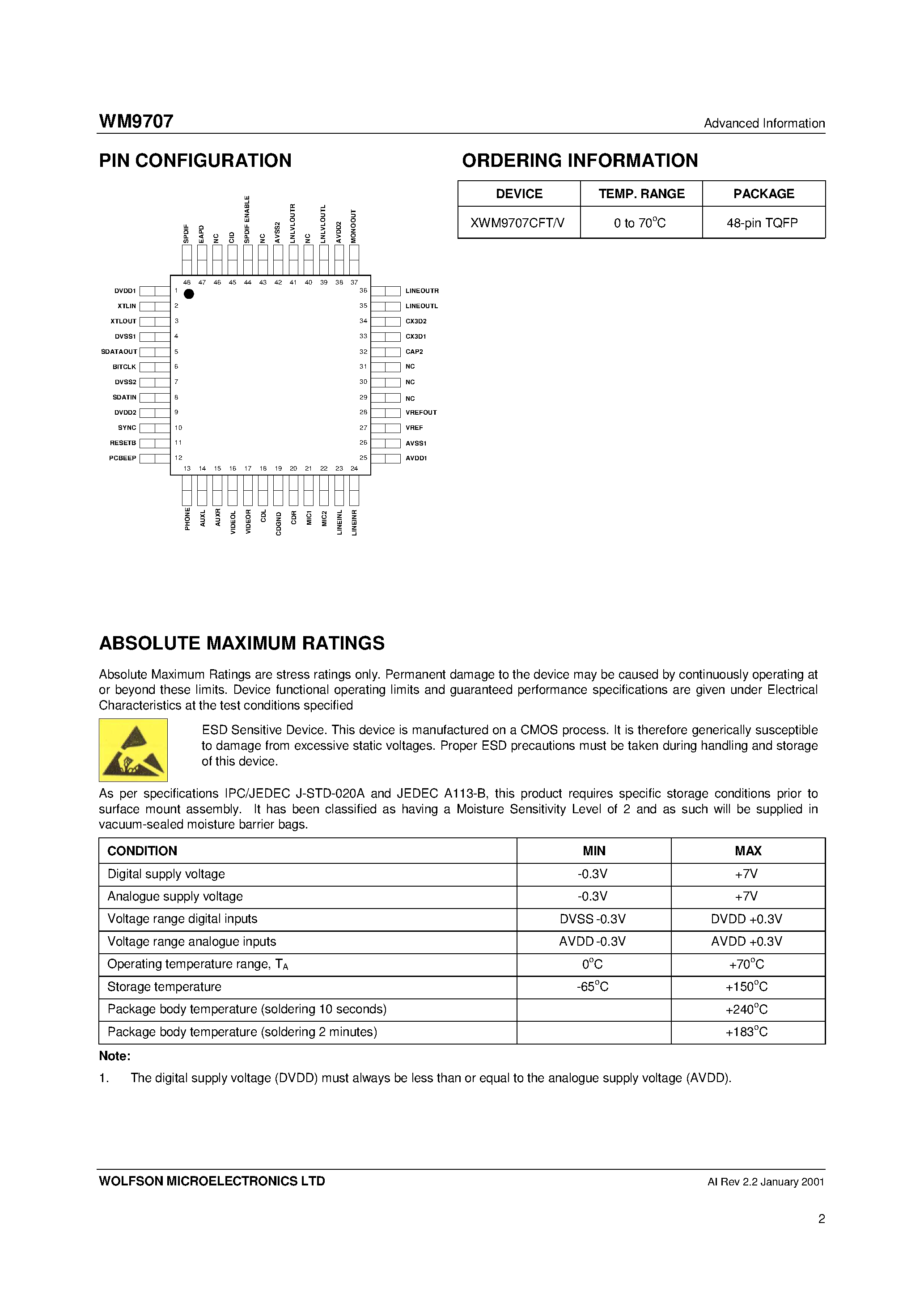 Даташит WM9707 - AC97 Revision 2.1 Audio Codec with Spdif Output страница 2