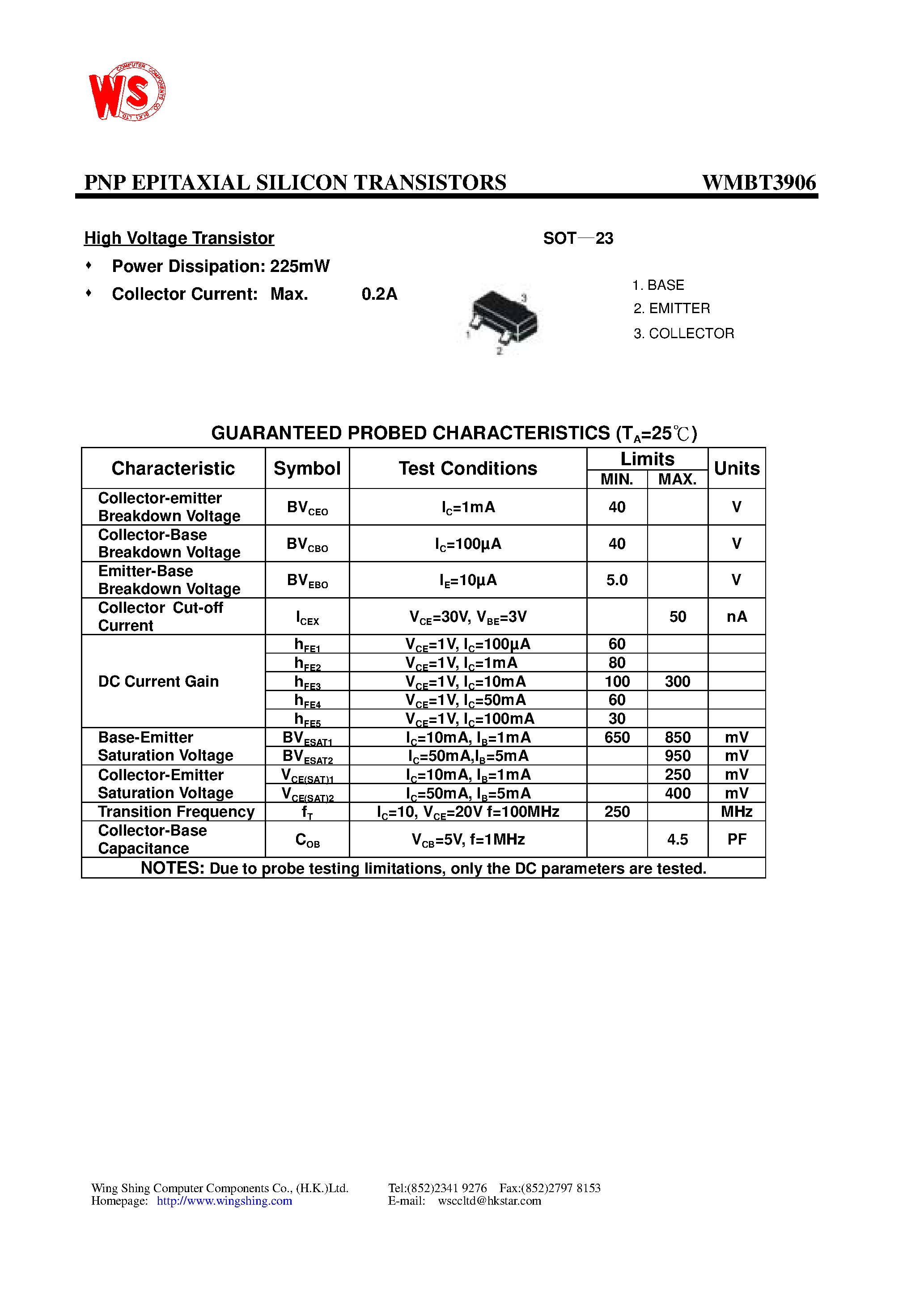 Даташит WMBT3906 - PNP EPITAXIAL SILICON TRANSISTORS страница 1