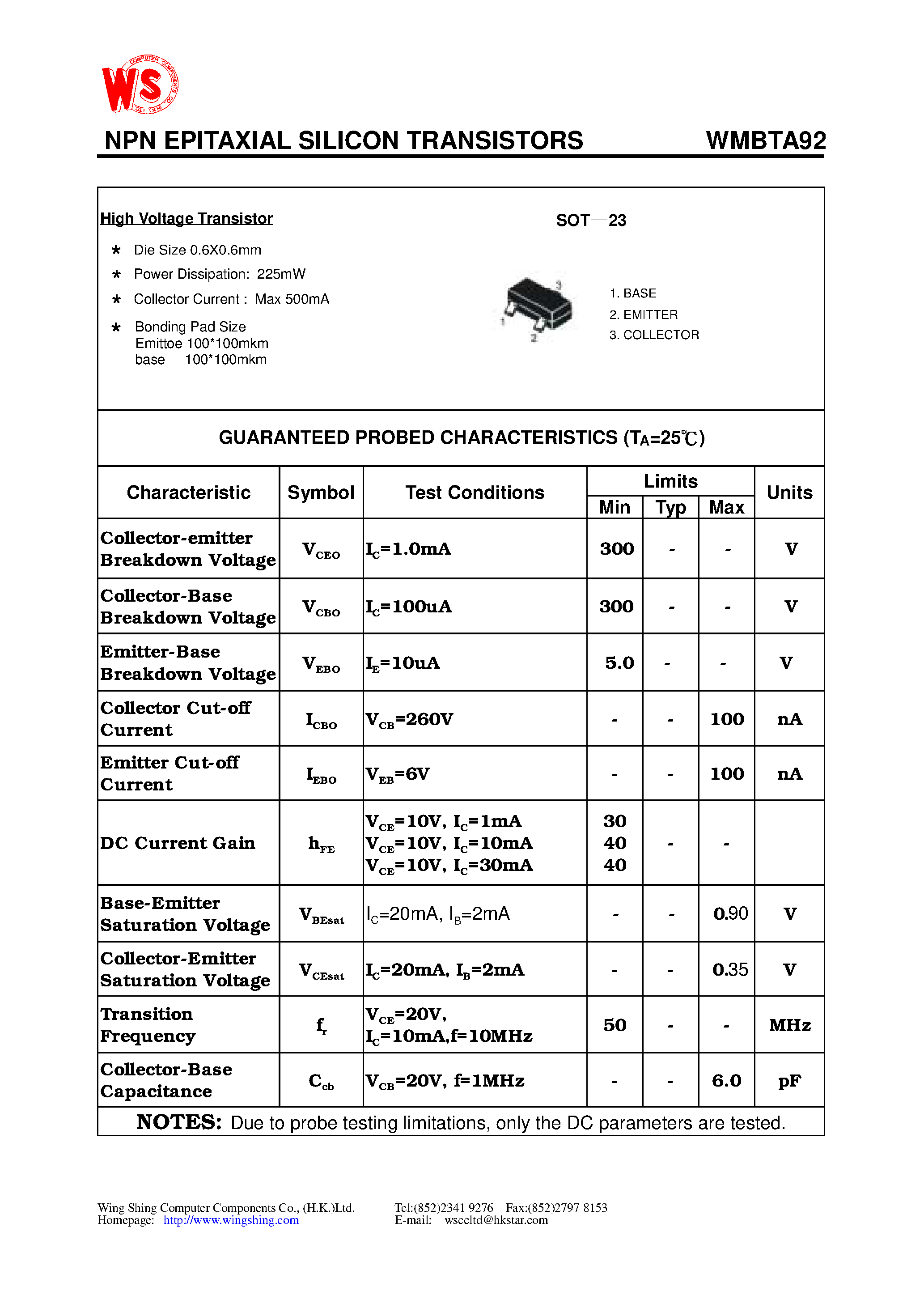 Даташит WMBTA92 - NPN EPITAXIAL SILICON TRANSISTORS страница 1