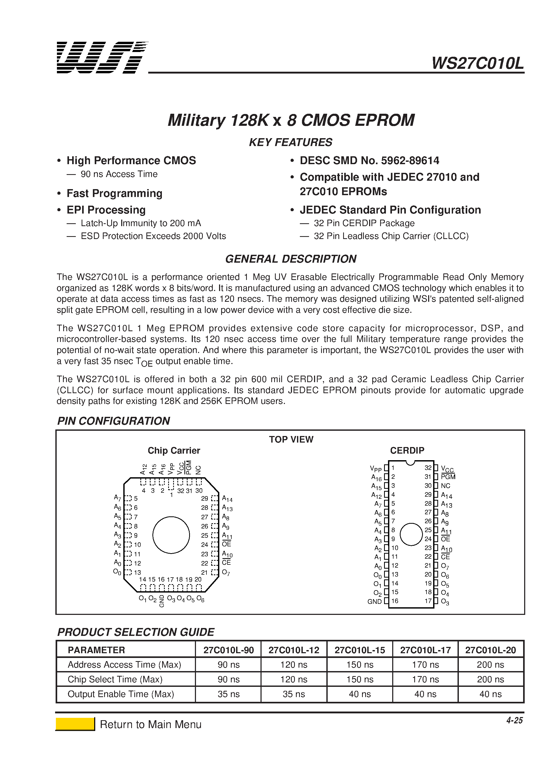 Datasheet WS27C010L - Military 128K x 8 CMOS EPROM page 1