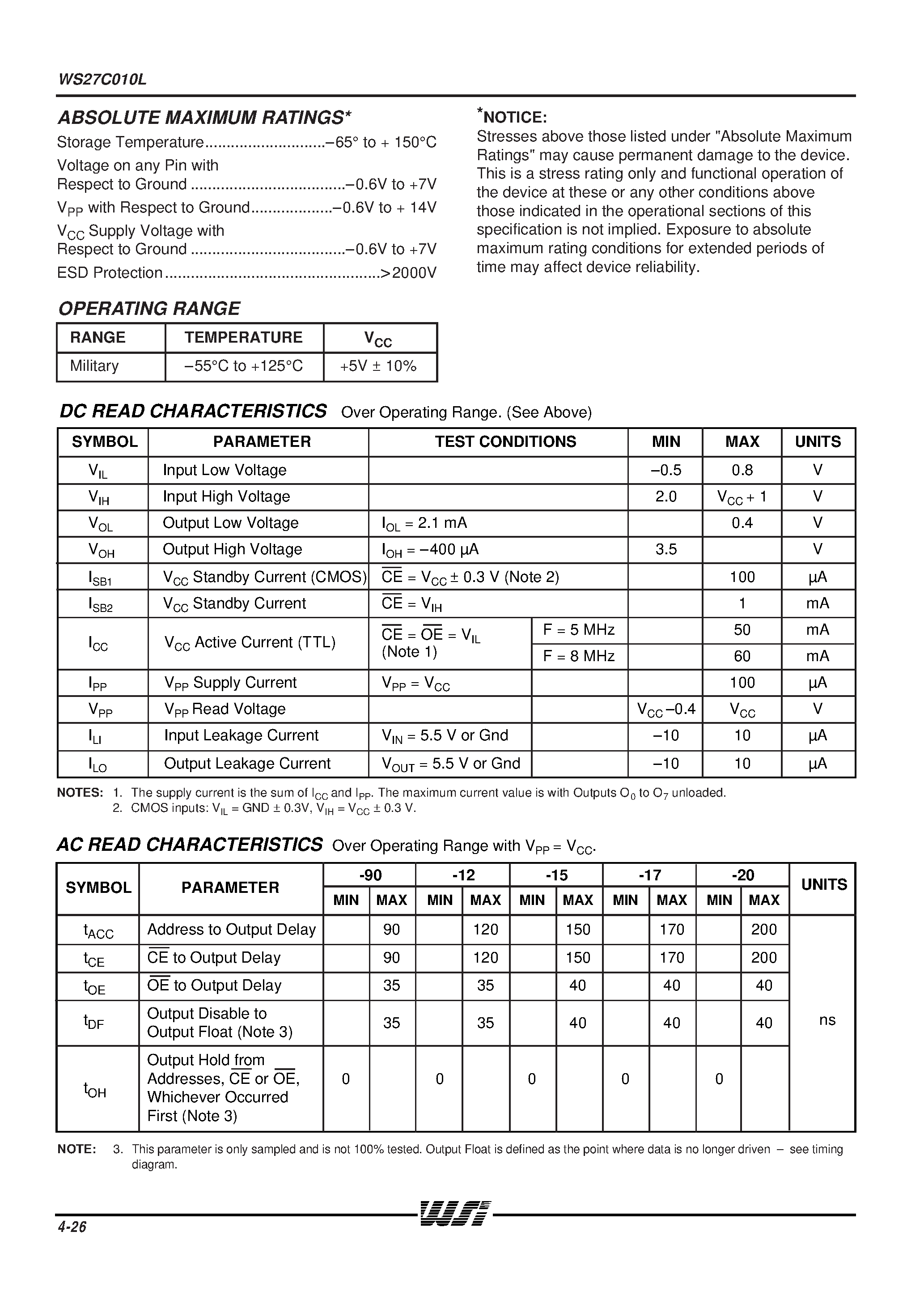 Datasheet WS27C010L - Military 128K x 8 CMOS EPROM page 2