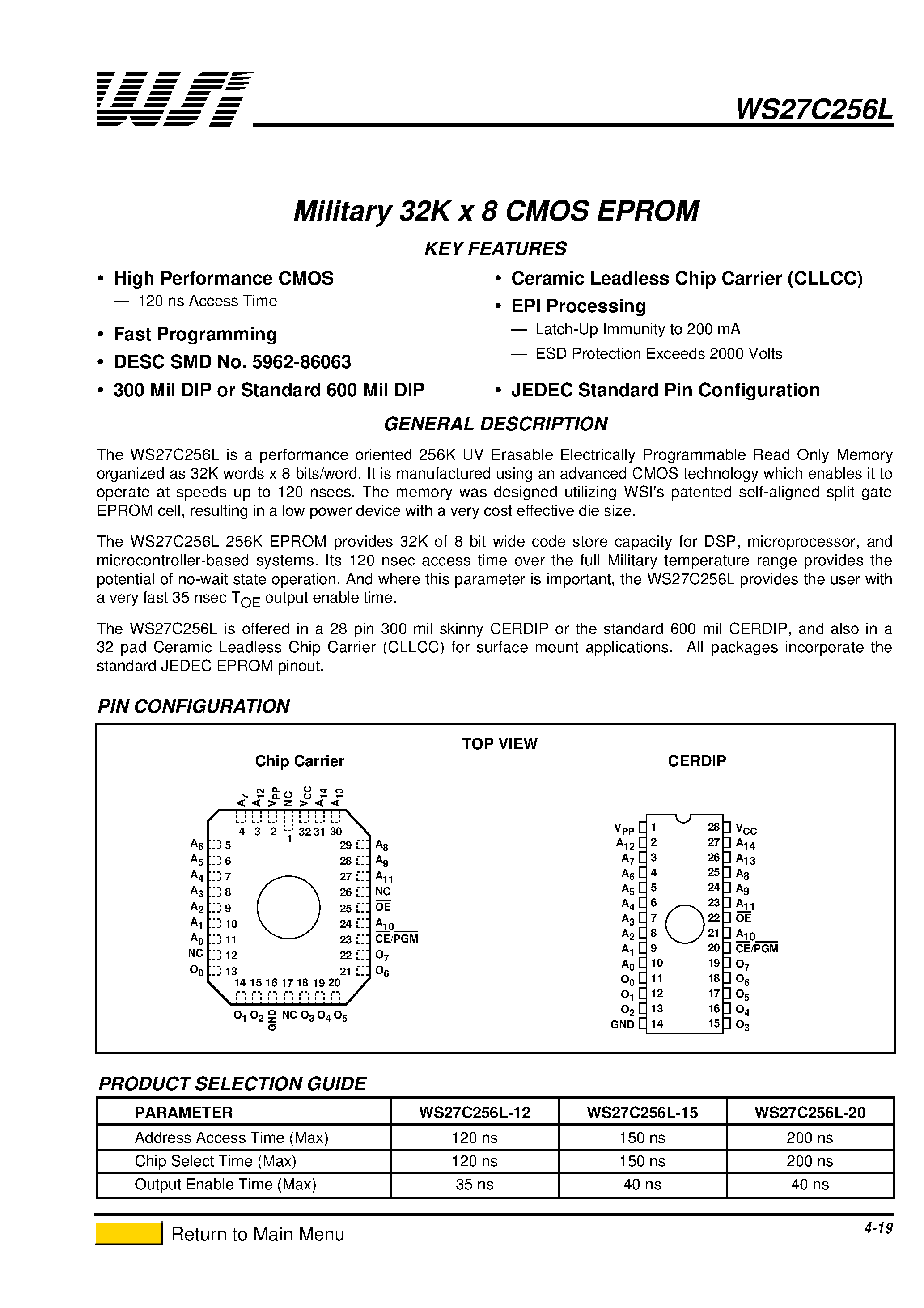 Datasheet WS27C256L - Military 32K x 8 CMOS EPROM page 1