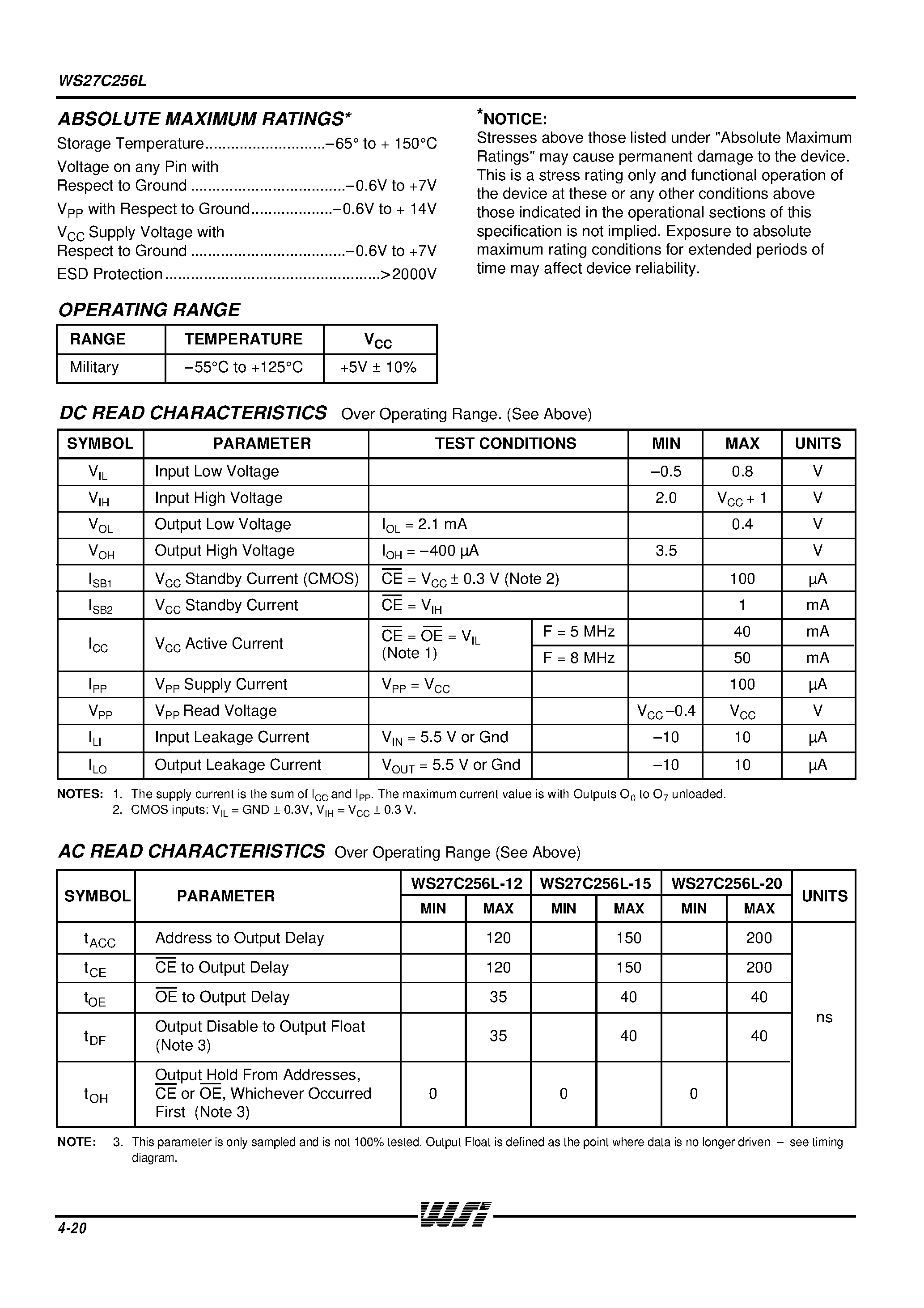 Datasheet WS27C256L - Military 32K x 8 CMOS EPROM page 2