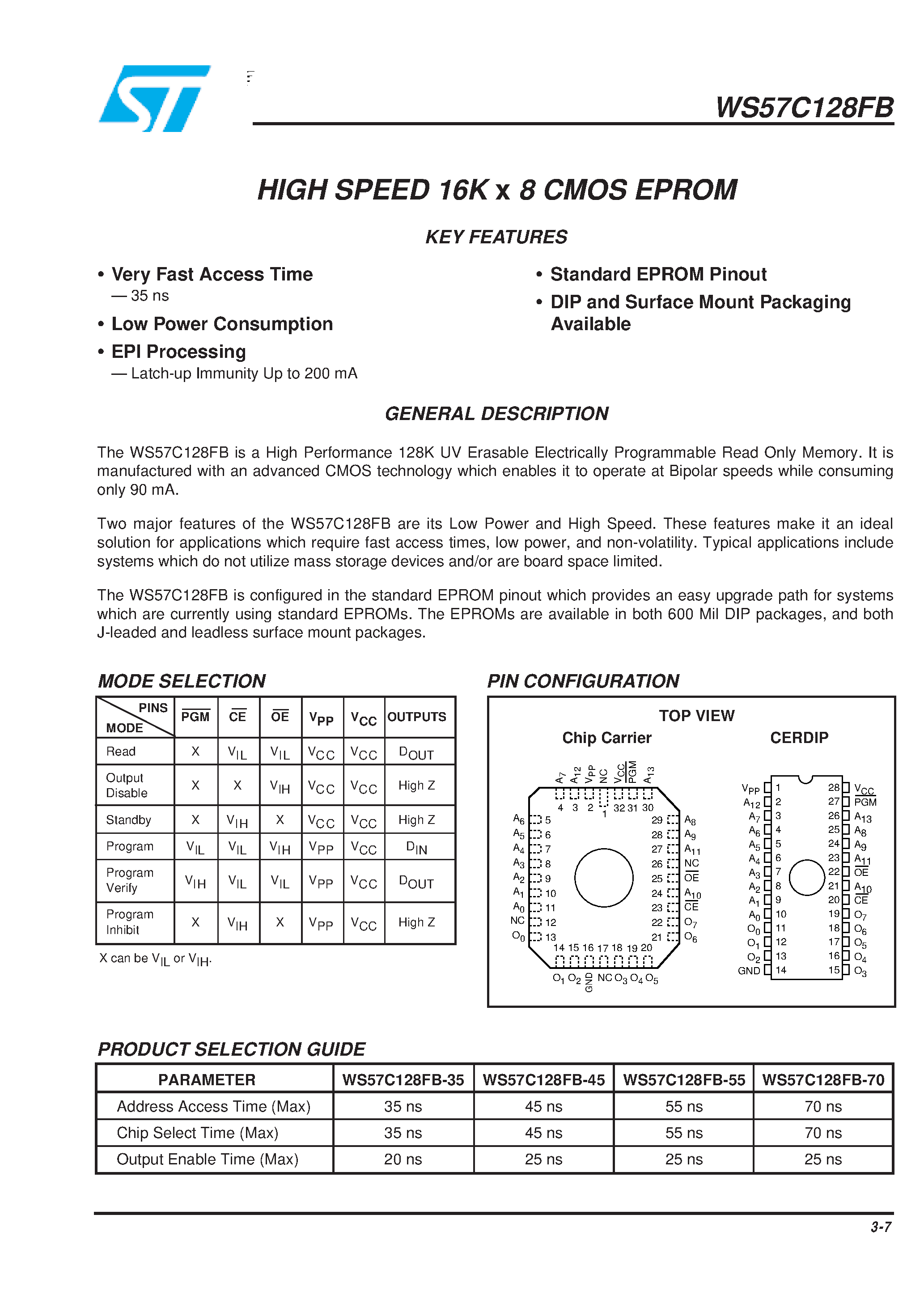 Datasheet WS57C128 - HIGH SPEED 16K x 8 CMOS EPROM page 1