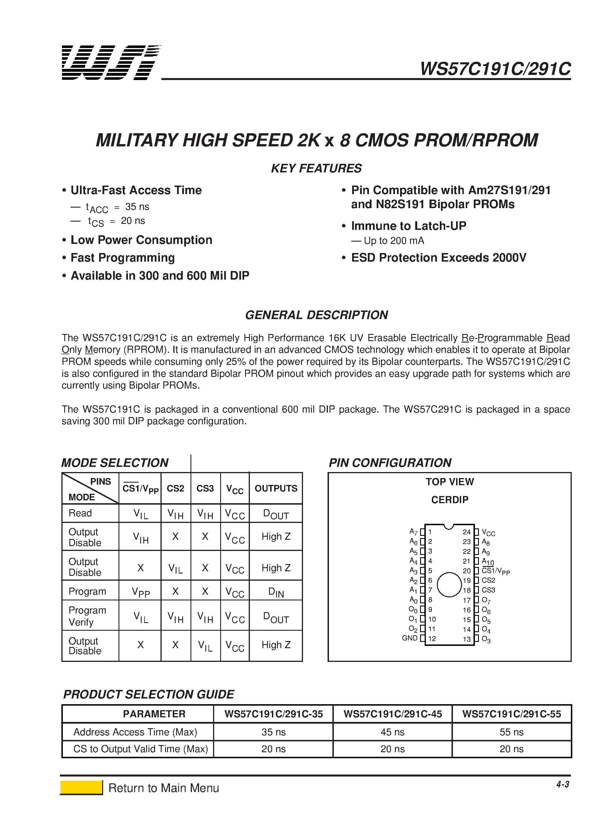 Даташит WS57C191 - HIGH SPEED 2K x 8 CMOS PROM/RPROM страница 1