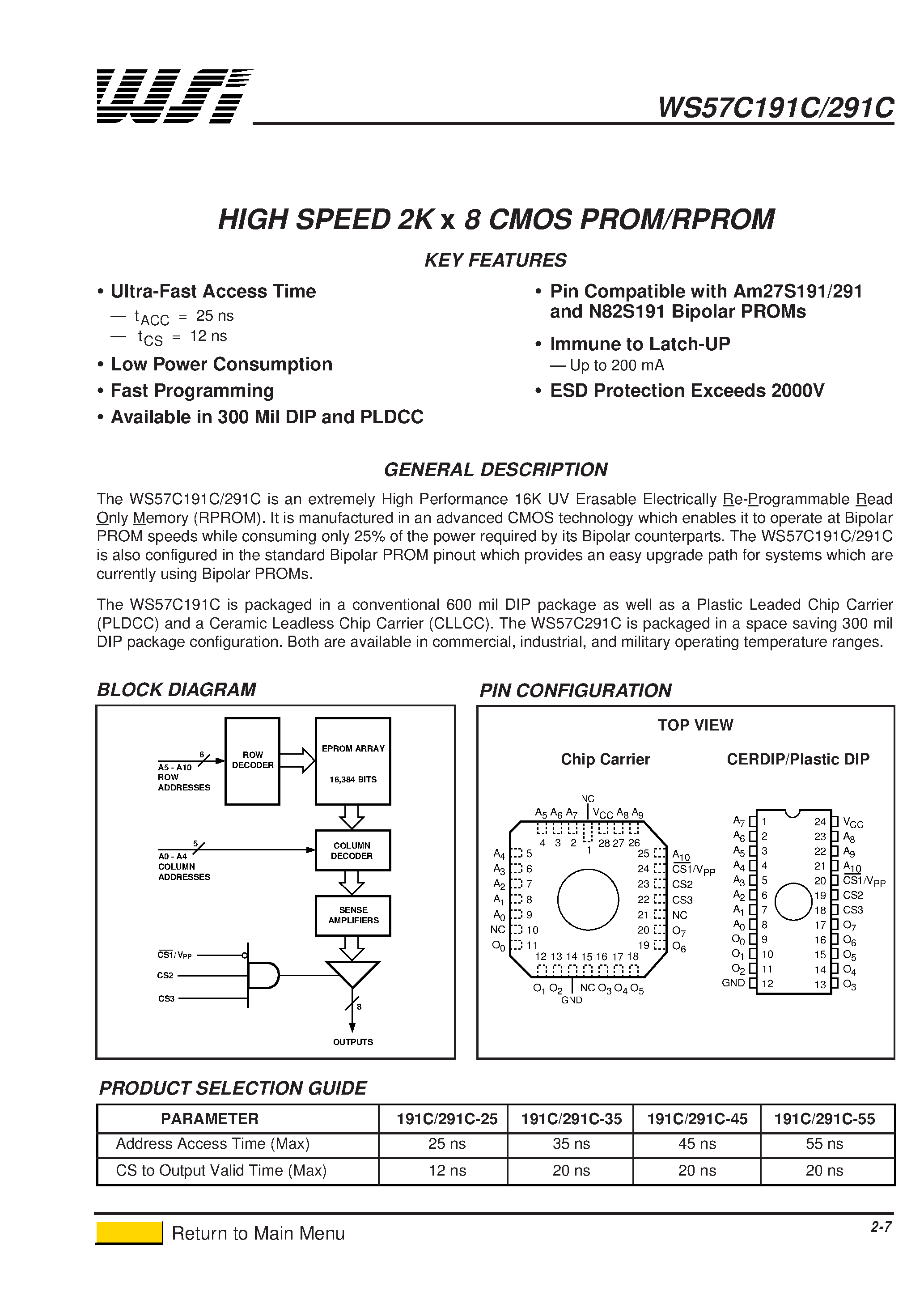 Даташит WS57C191C-25 - HIGH SPEED 2K x 8 CMOS PROM/RPROM страница 1