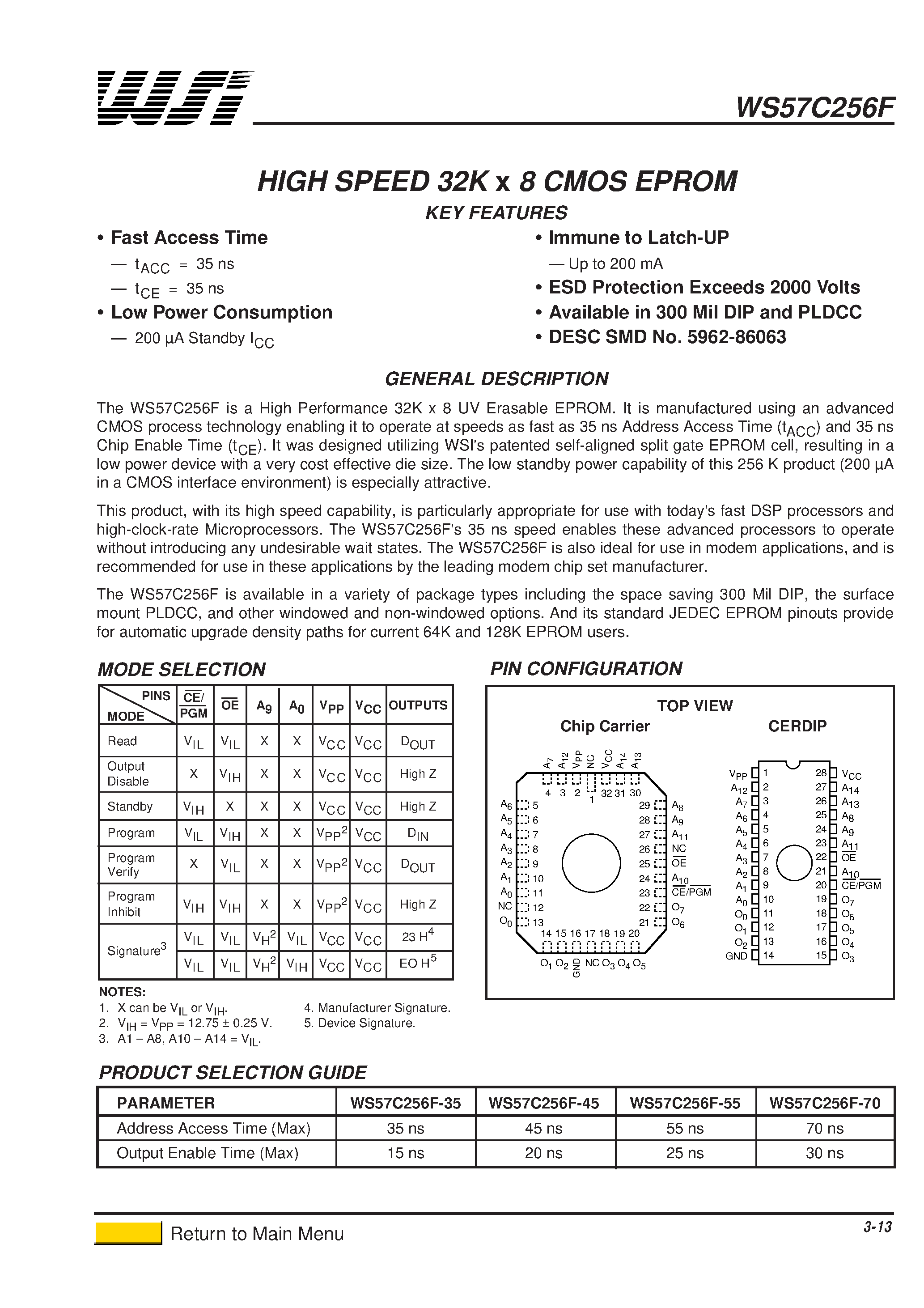 Даташит WS57C256F-35T - HIGH SPEED 32K x 8 CMOS EPROM страница 1