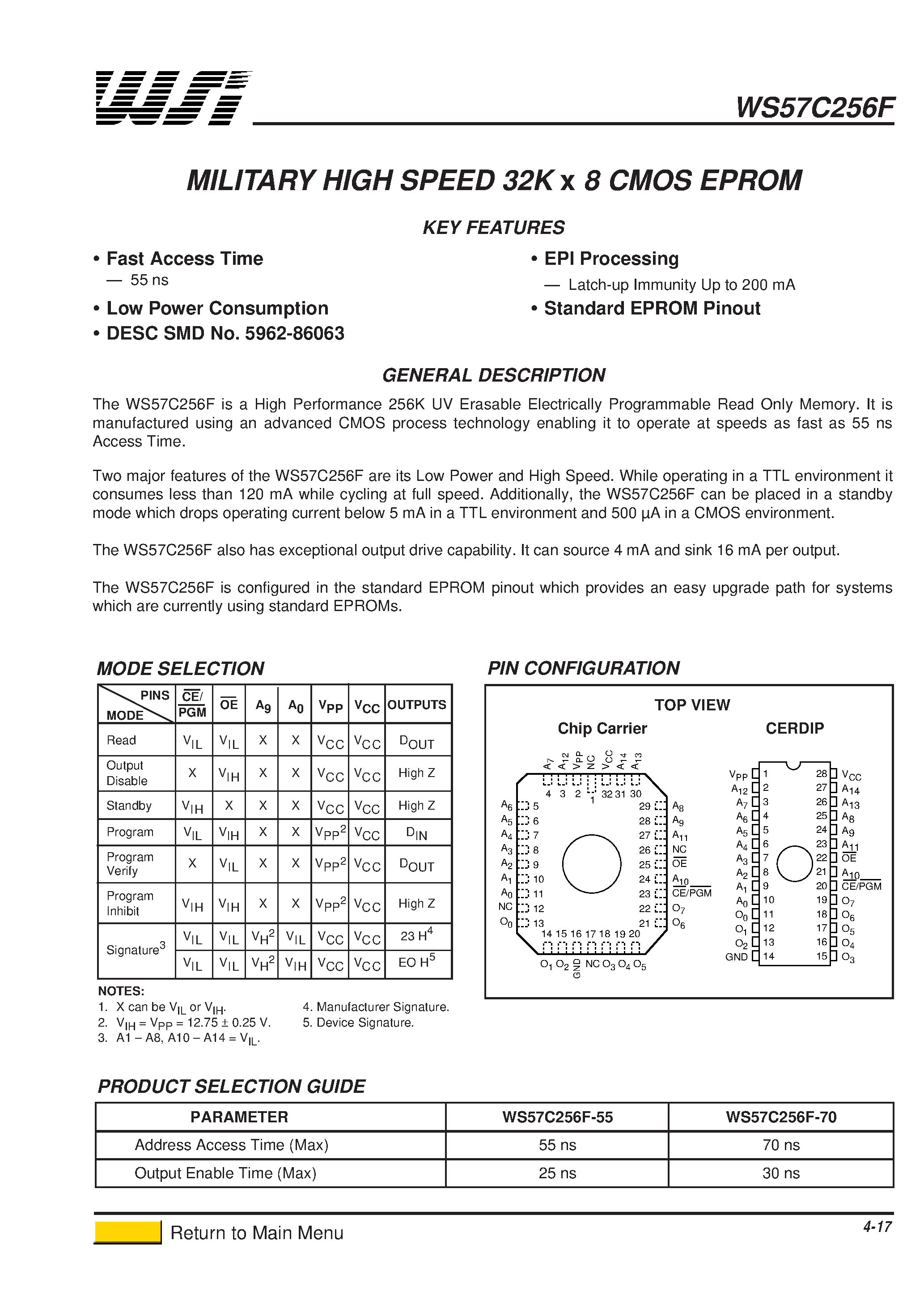 Даташит WS57C256F-55DMB - HIGH SPEED 32K x 8 CMOS EPROM страница 1