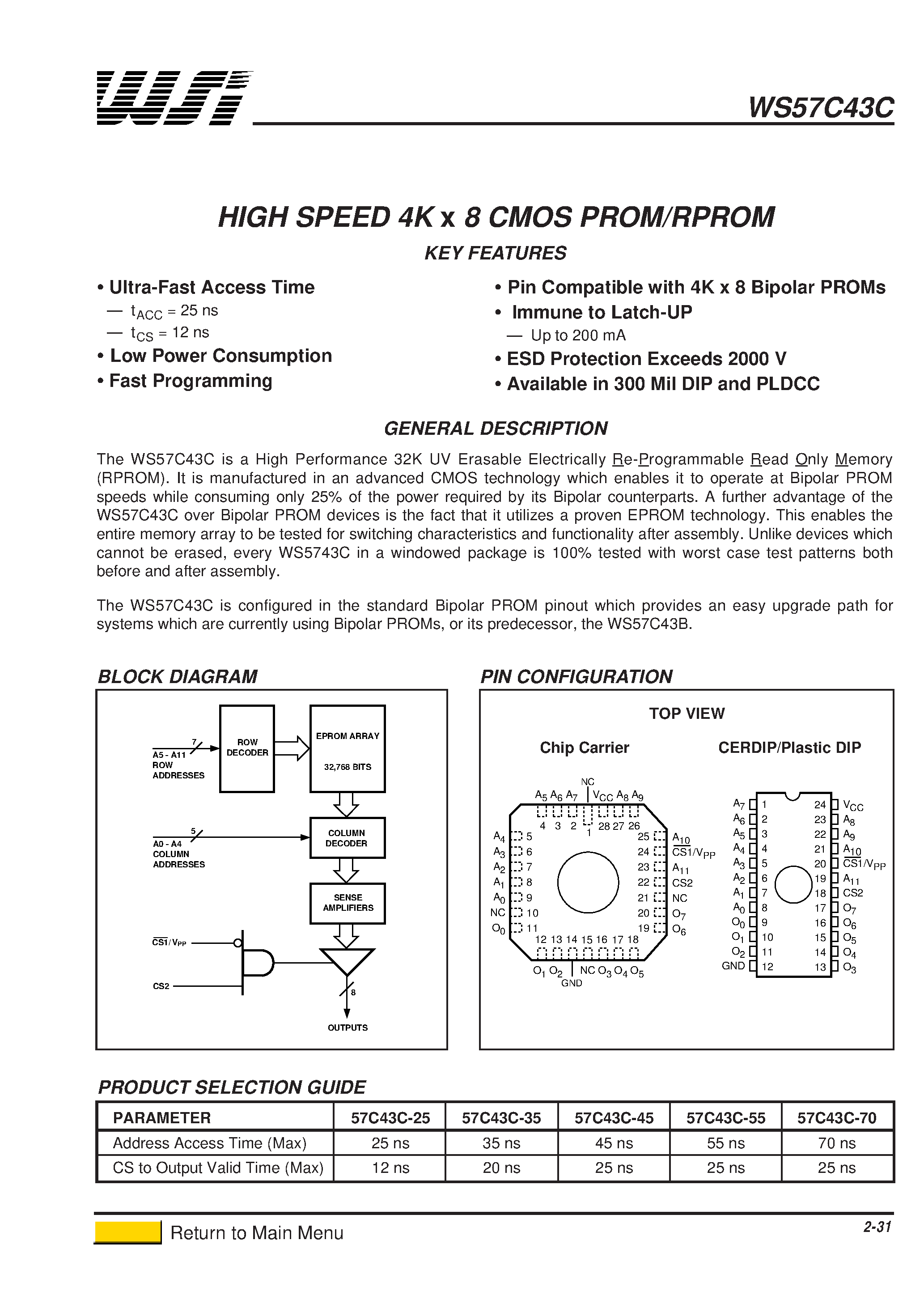 Даташит WS57C43 - MILITARY HIGH SPED 4K x 8 CMOS PROM/RPROM страница 1