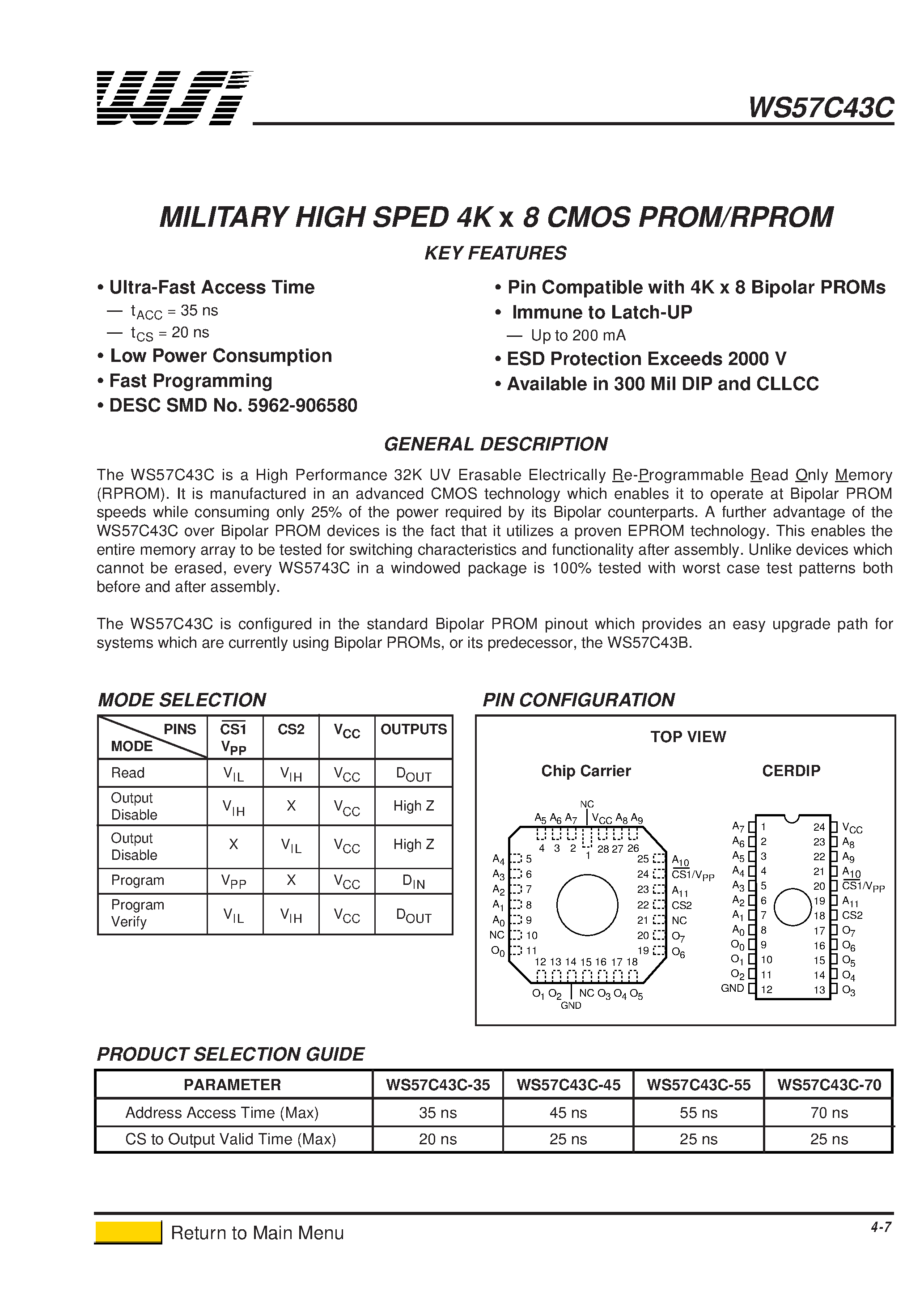 Даташит WS57C43C-1 - MILITARY HIGH SPED 4K x 8 CMOS PROM/RPROM страница 1