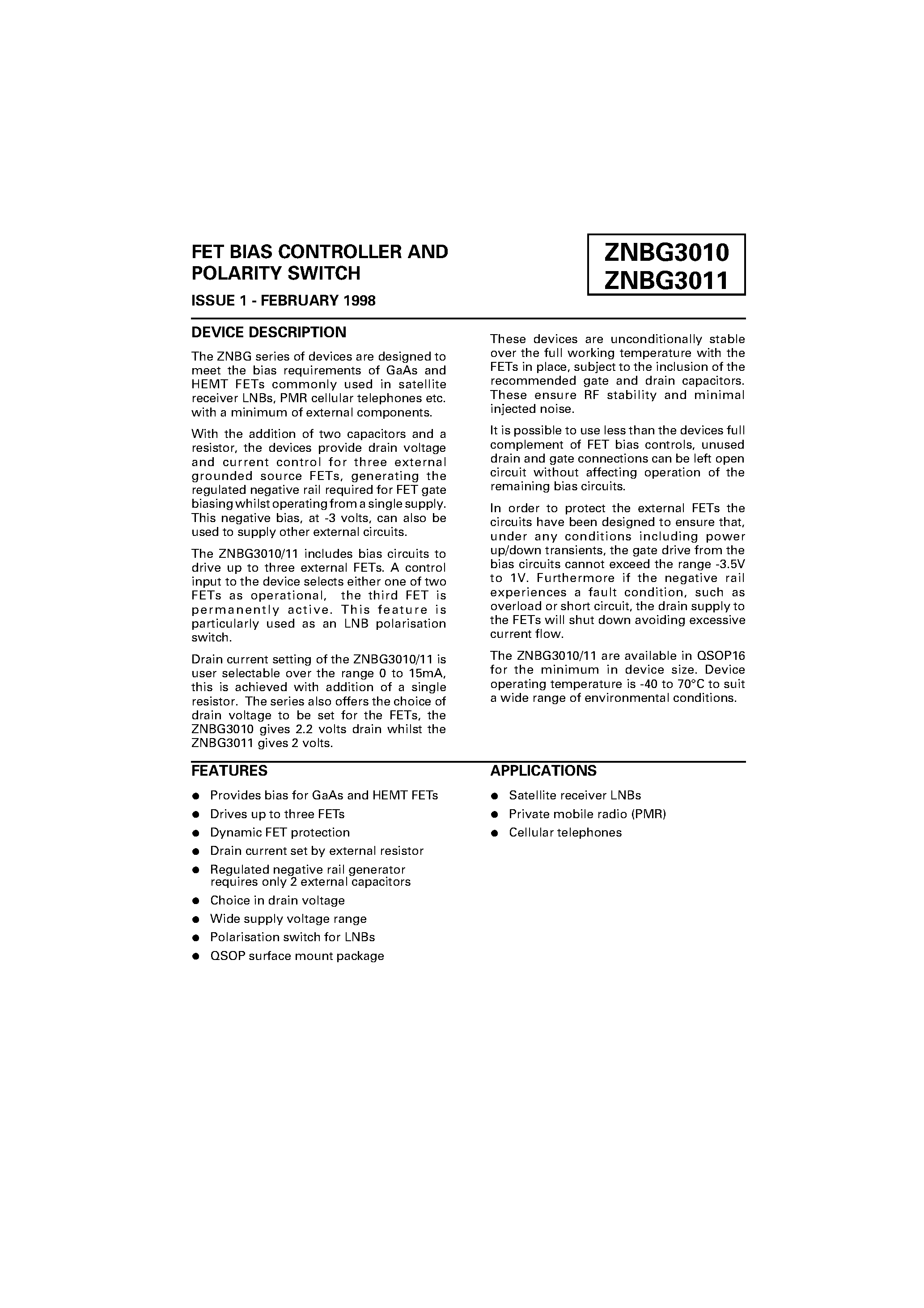 Datasheet ZNBG3010 - FET BIAS CONTROLLER AND POLARITY SWITCH page 1