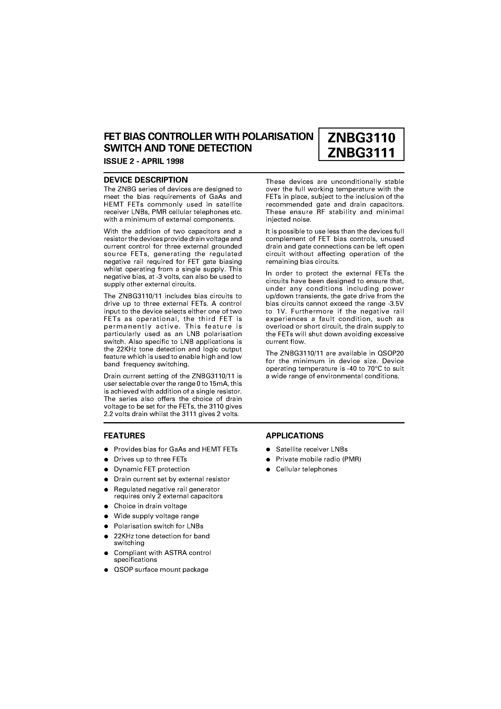 Datasheet ZNBG3110 - FET BIAS CONTROLLER WITH POLARISATION SWITCH AND TONE DETECTION page 1