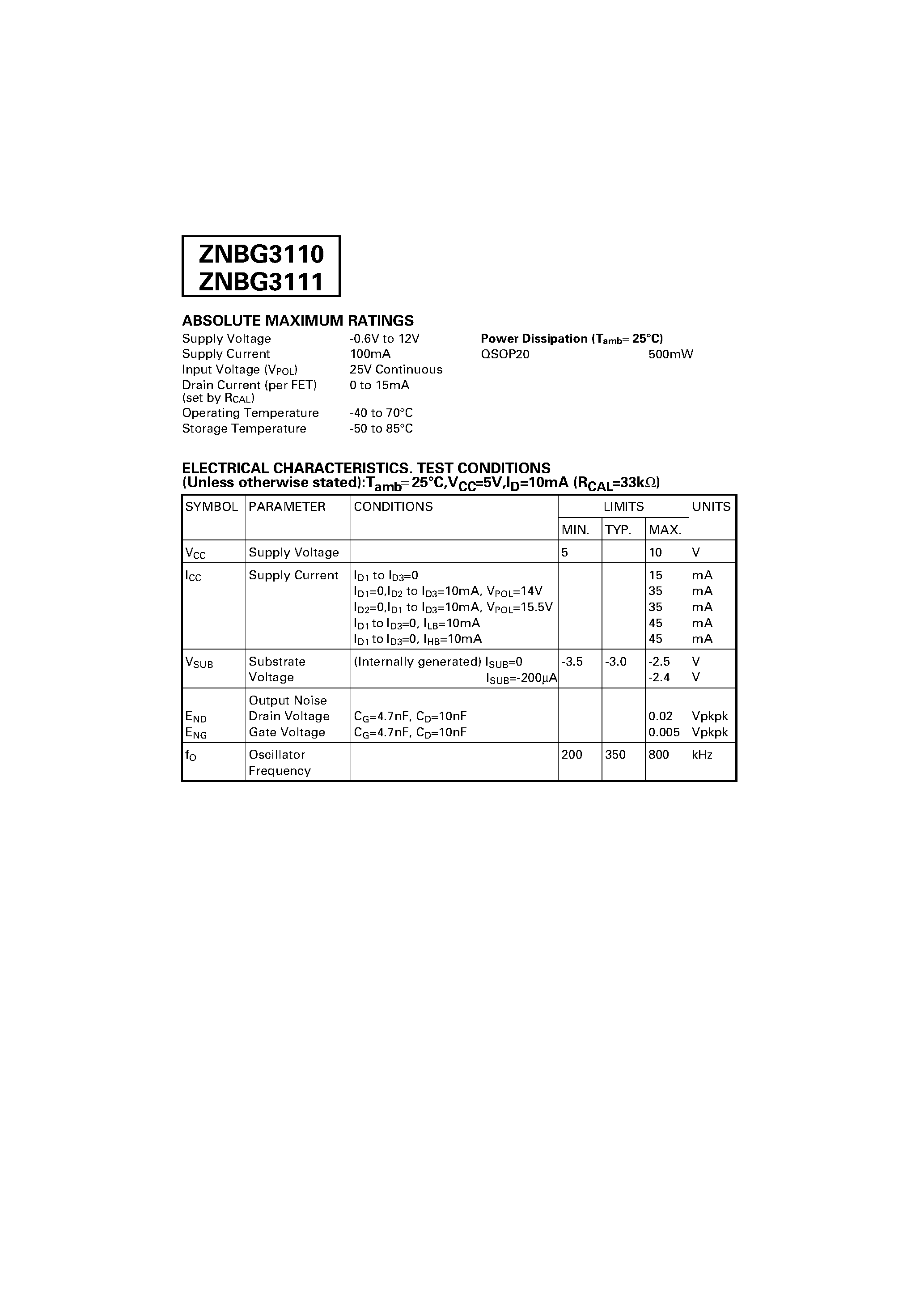 Datasheet ZNBG3110 - FET BIAS CONTROLLER WITH POLARISATION SWITCH AND TONE DETECTION page 2