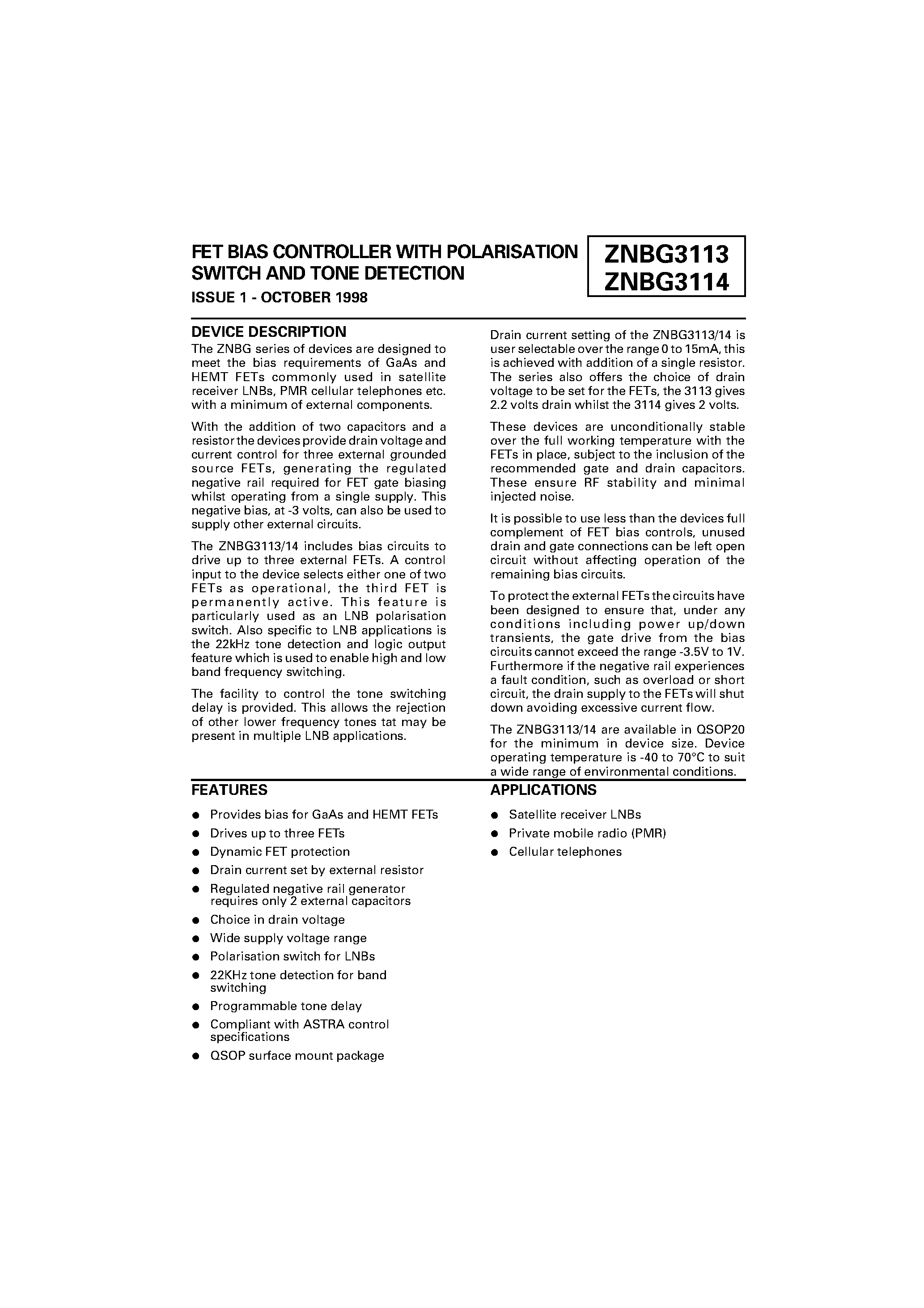 Datasheet ZNBG3113Q20 - FET BIAS CONTROLLER WITH POLARISATION SWITCH AND TONE DETECTION page 1