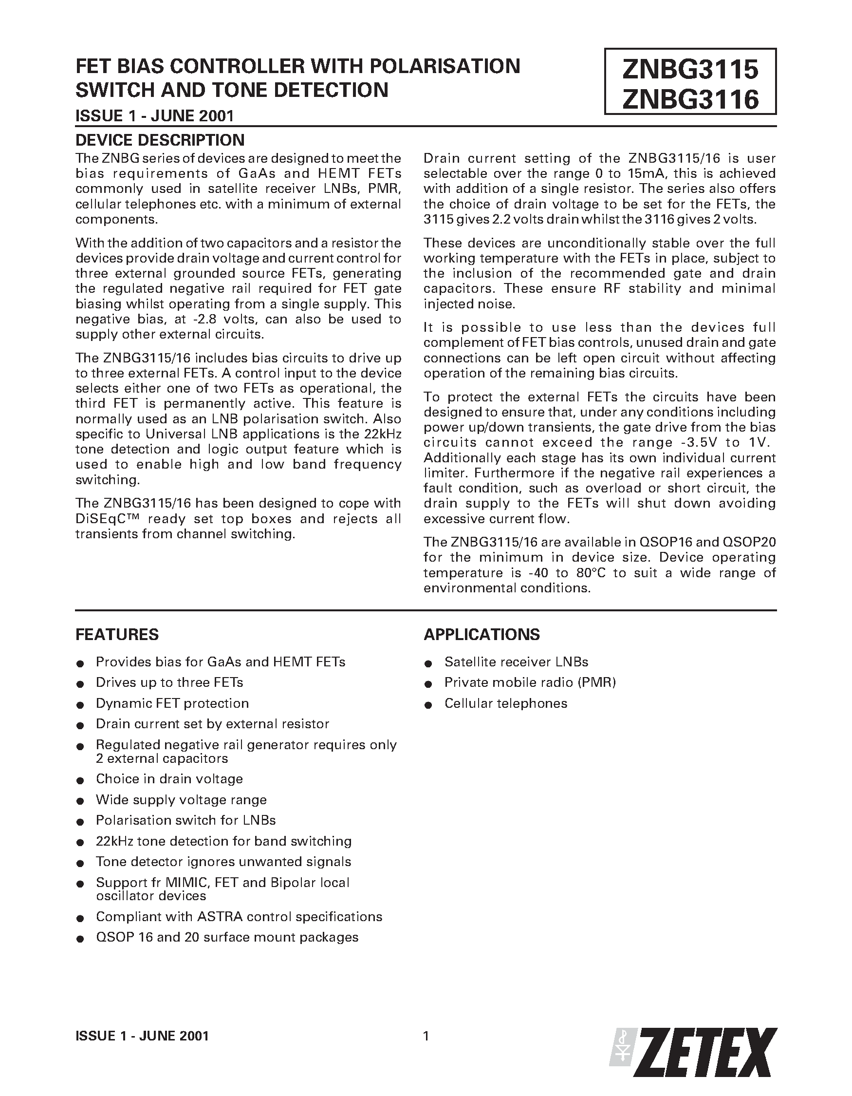 Datasheet ZNBG3115 - FET BIAS CONTROLLER WITH POLARISATION SWITCH AND TONE DETECTION page 1