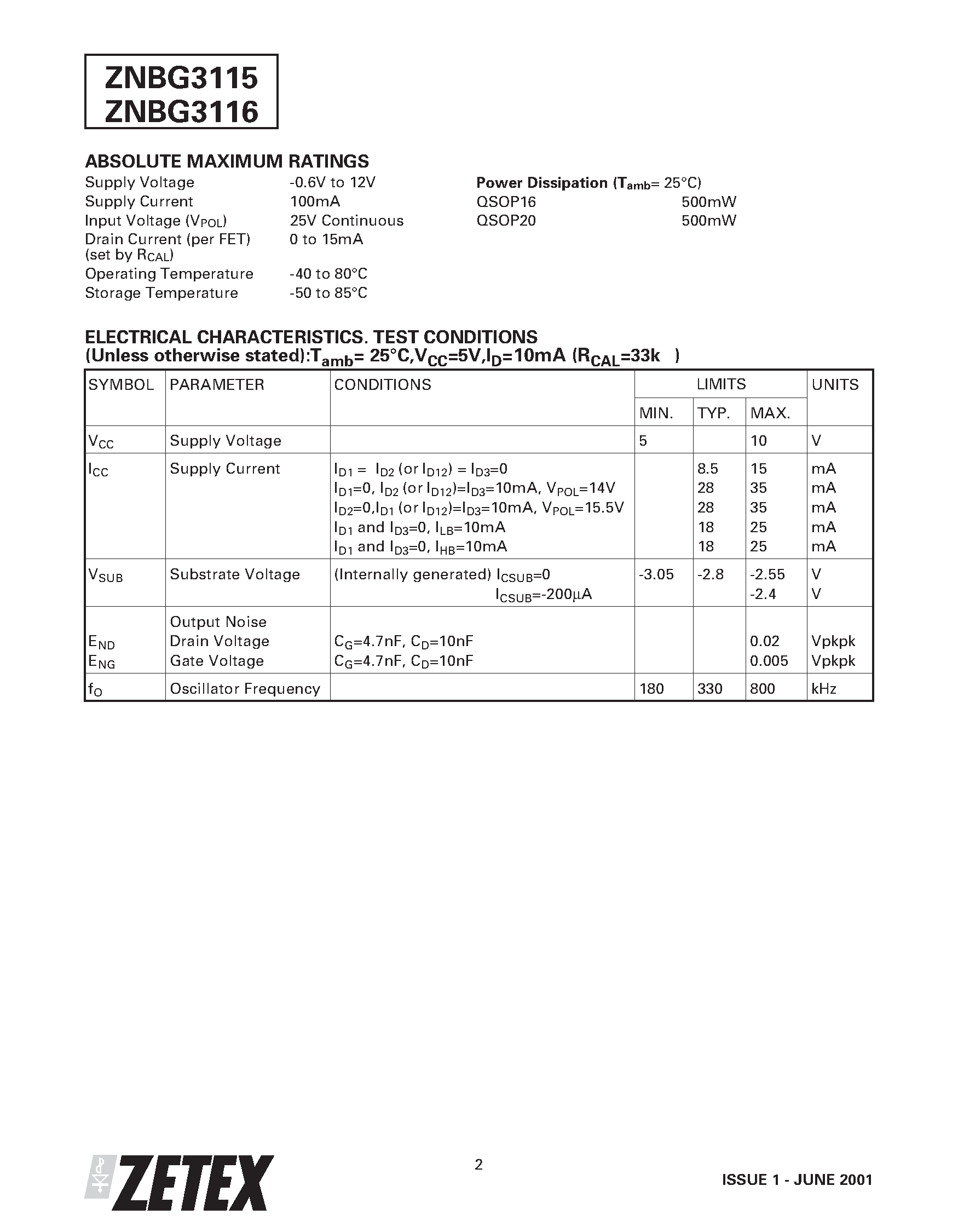 Datasheet ZNBG3115 - FET BIAS CONTROLLER WITH POLARISATION SWITCH AND TONE DETECTION page 2