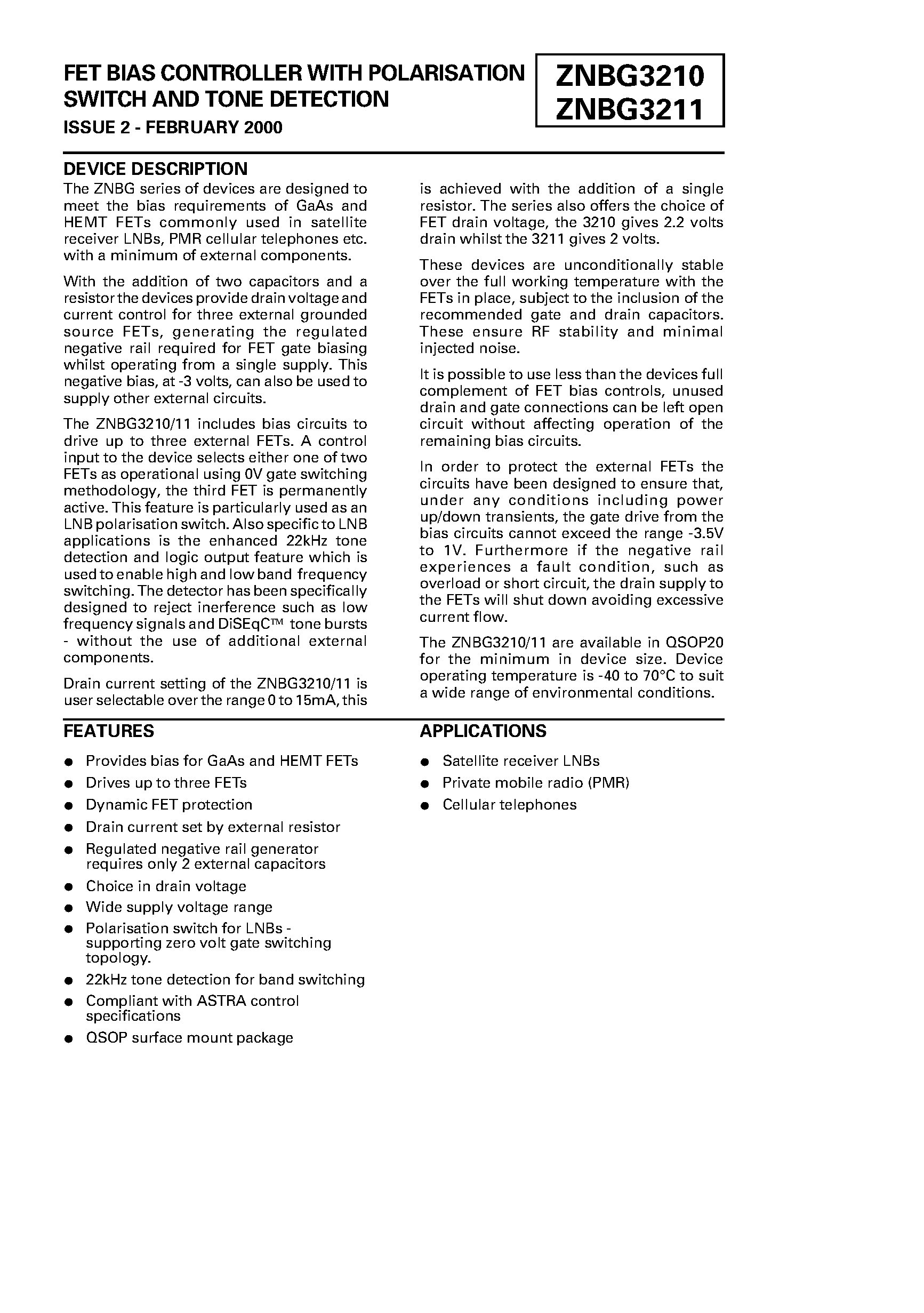 Datasheet ZNBG3210 - FET BIAS CONTROLLER WITH POLARISATION SWITCH AND TONE DETECTION page 1