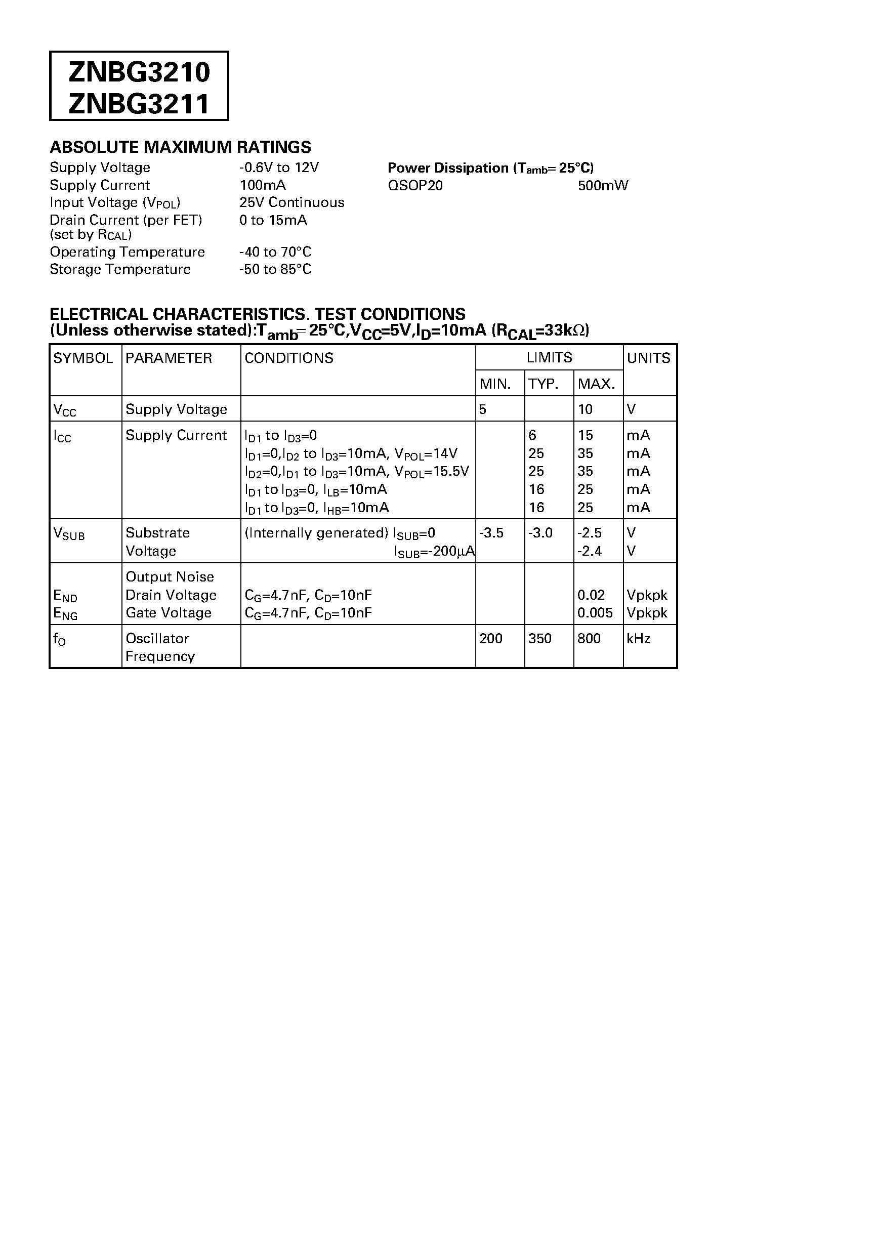 Datasheet ZNBG3210 - FET BIAS CONTROLLER WITH POLARISATION SWITCH AND TONE DETECTION page 2