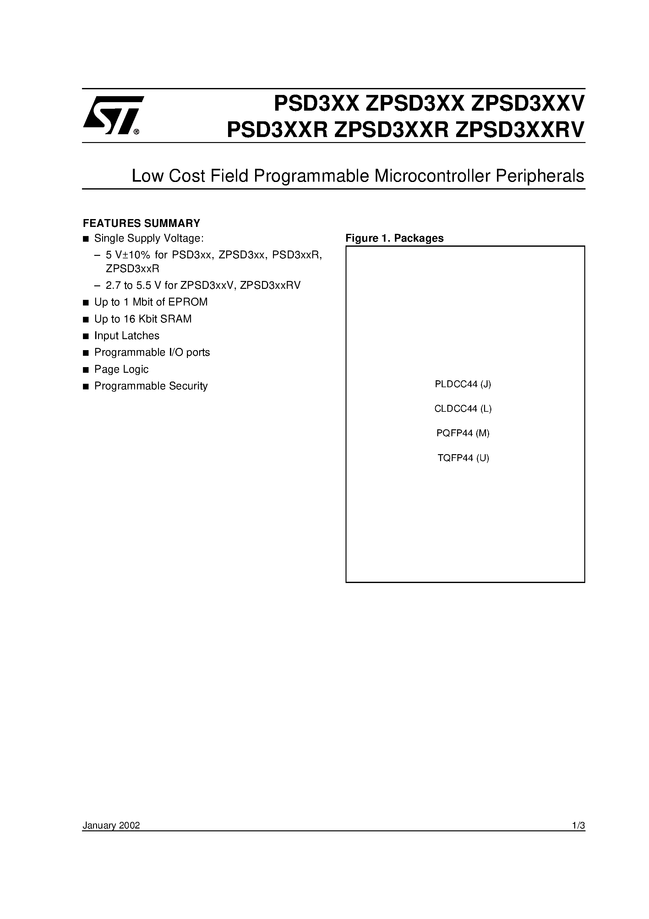 Datasheet ZPSD301-B-15J - Low Cost Field Programmable Microcontroller Peripherals page 1