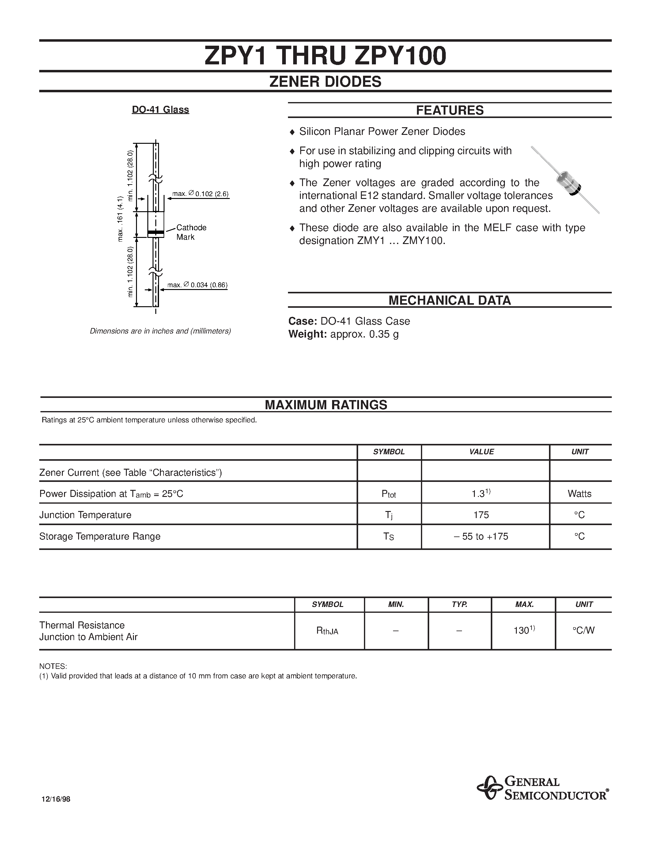 Даташит ZPY43 - ZENER DIODES страница 1