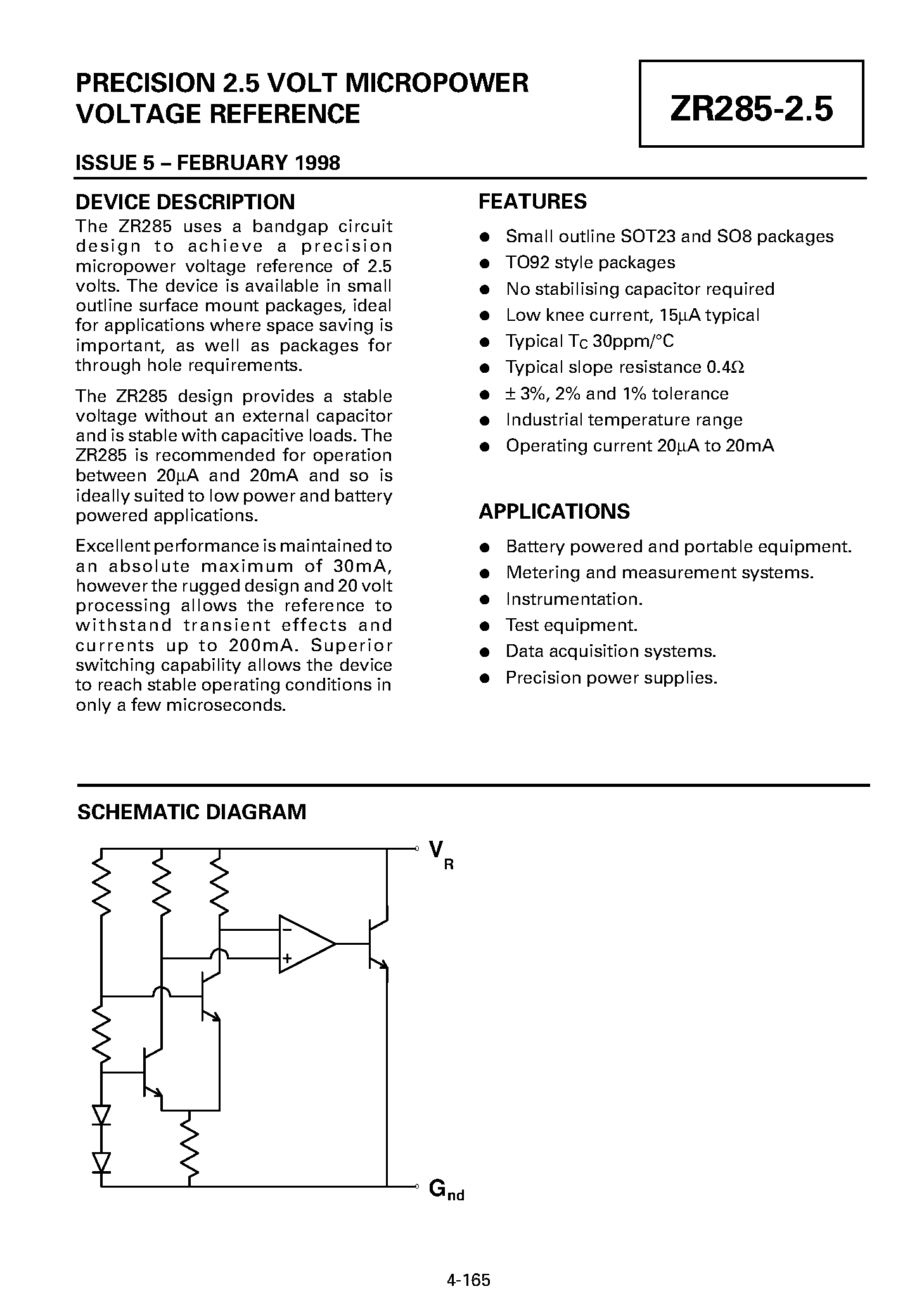 Datasheet ZR285-2.5 - PRECISION 2.5 VOLT MICROPOWER VOLTAGE REFERENCE page 1