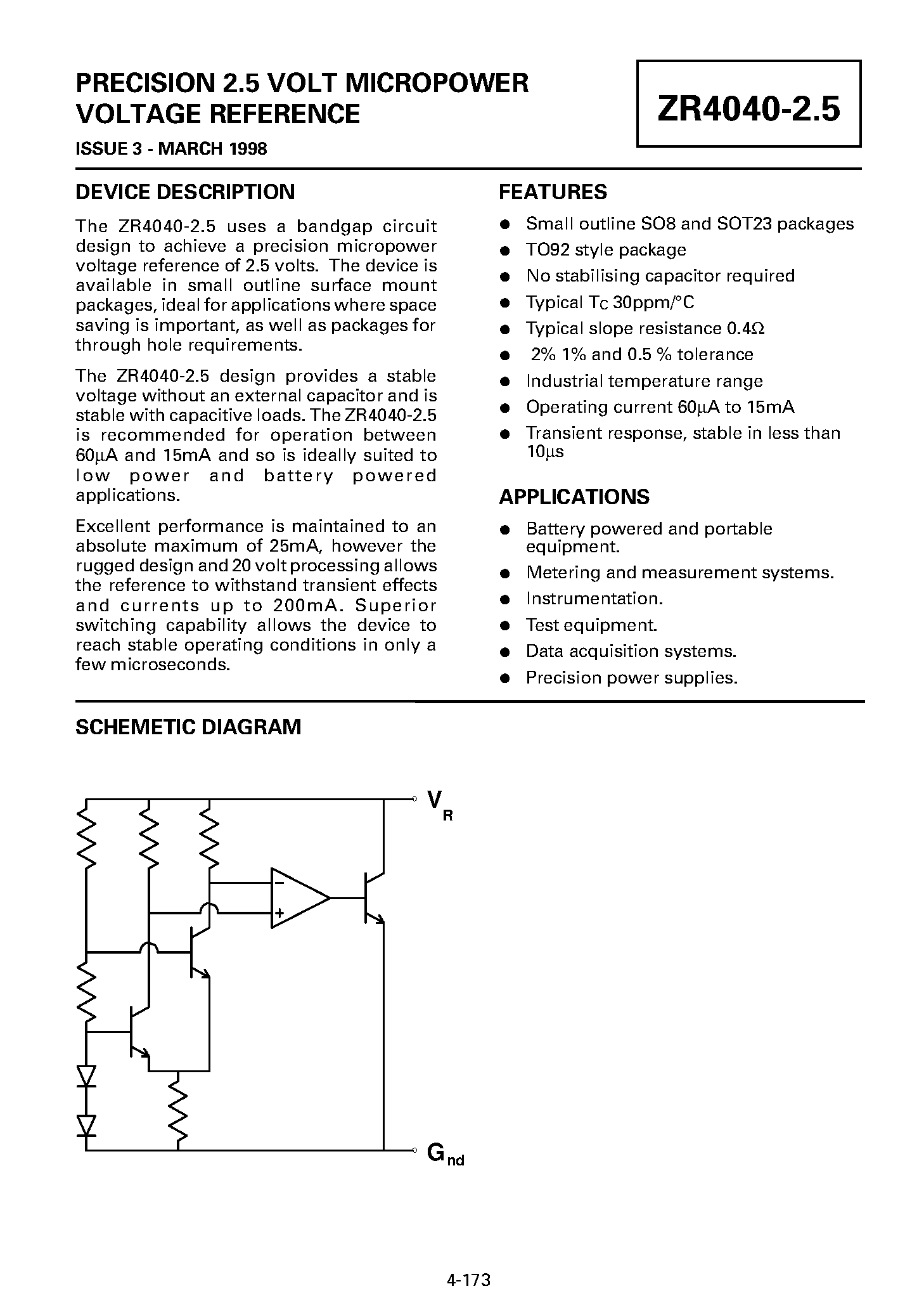 Datasheet ZR4040-2.5 - PRECISION 2.5 VOLT MICROPOWER VOLTAGE REFERENCE page 1