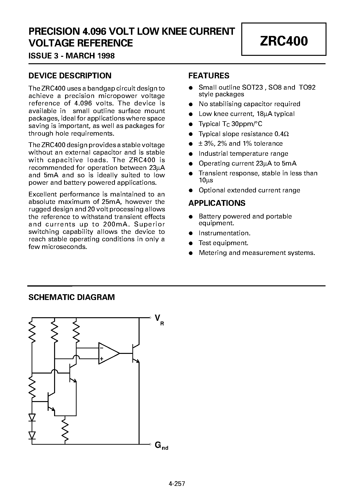 Datasheet ZRC400A01 - PRECISION 4.096 VOLT LOW KNEE CURRENT VOLTAGE REFERENCE page 1