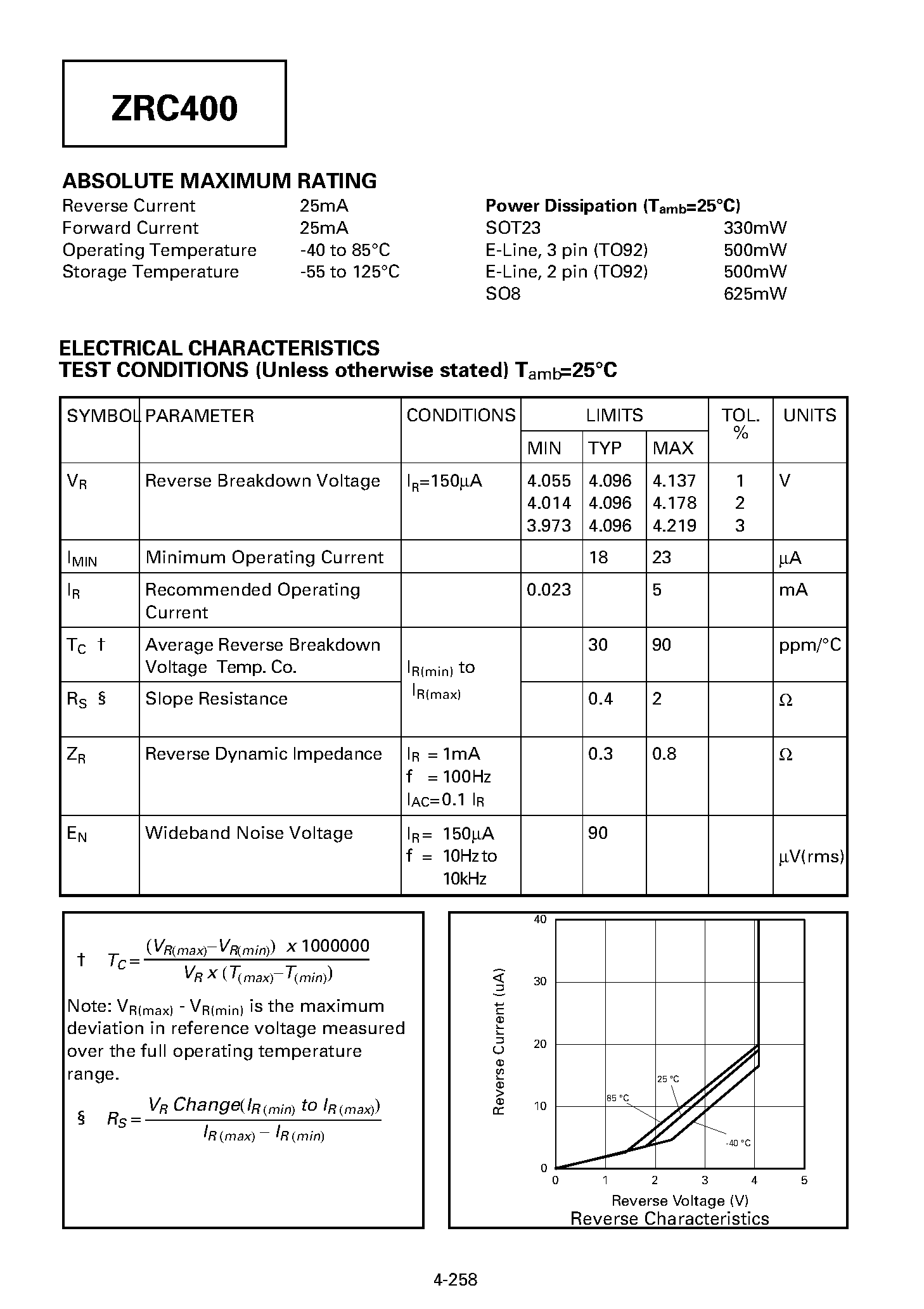 Datasheet ZRC400A01 - PRECISION 4.096 VOLT LOW KNEE CURRENT VOLTAGE REFERENCE page 2