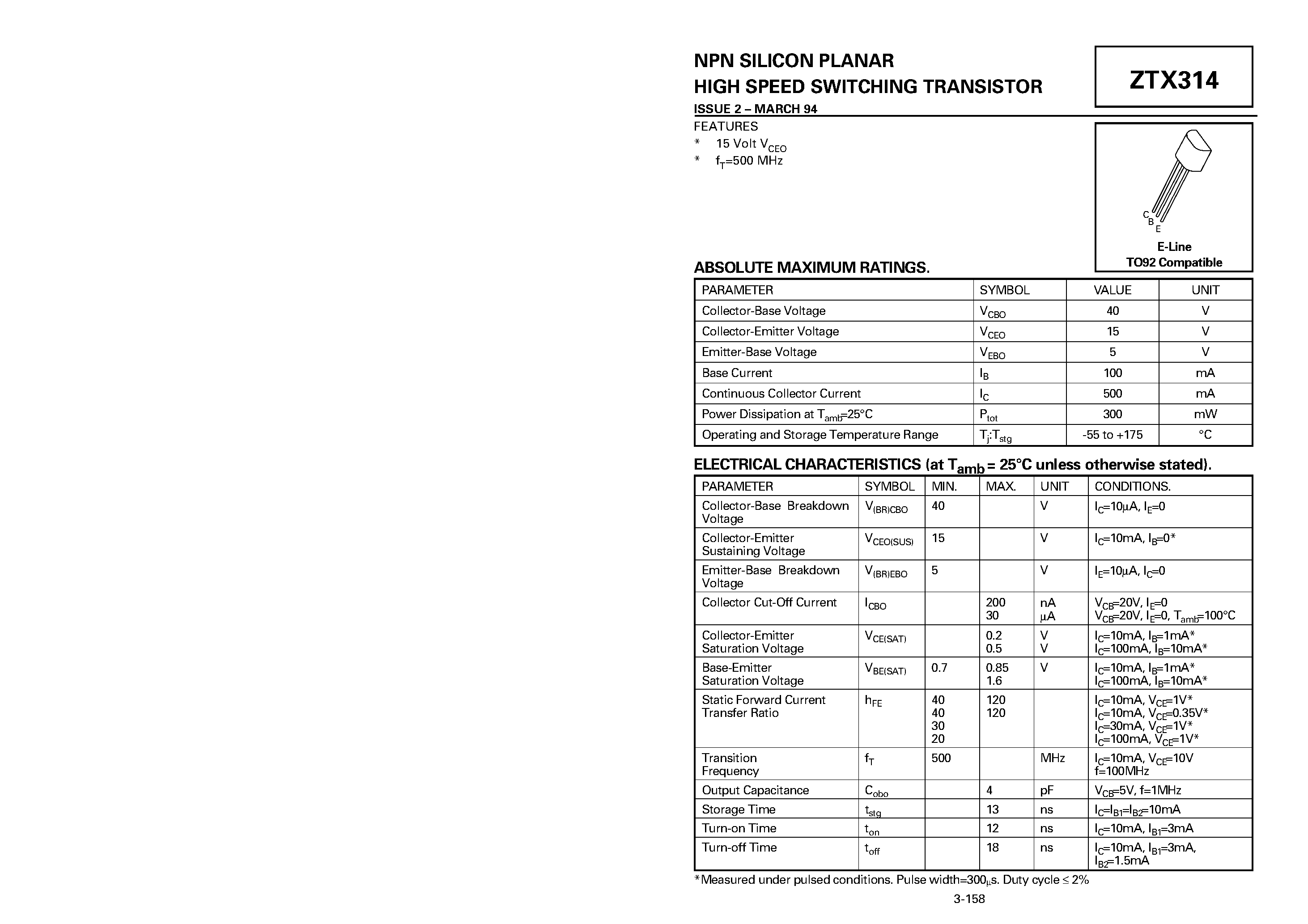 Datasheet ZTX314 - NPN SILICON PLANAR HIGH SPEED SWITCHING TRANSISTOR page 1