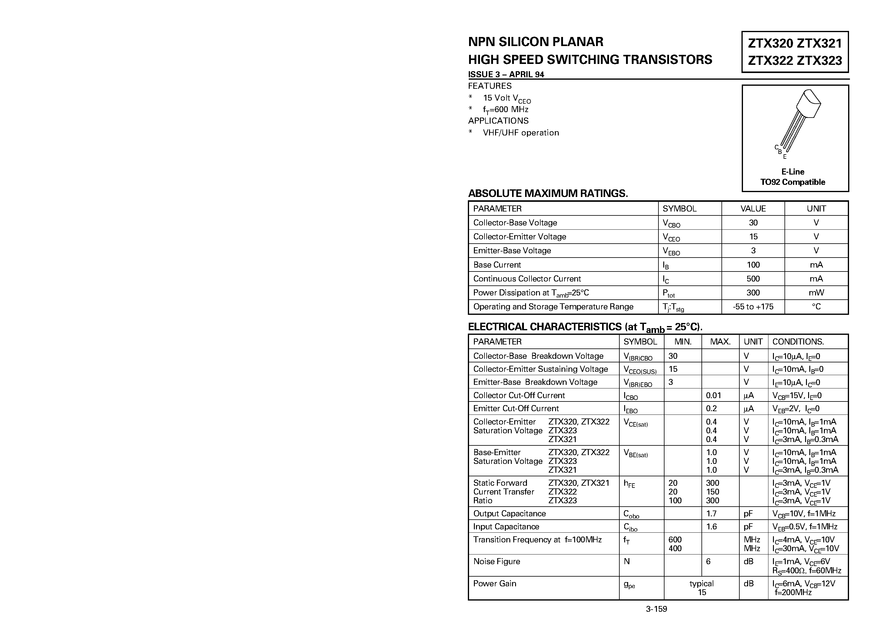 Datasheet ZTX320 - NPN SILICON PLANAR HIGH SPEED SWITCHING TRANSISTORS page 1