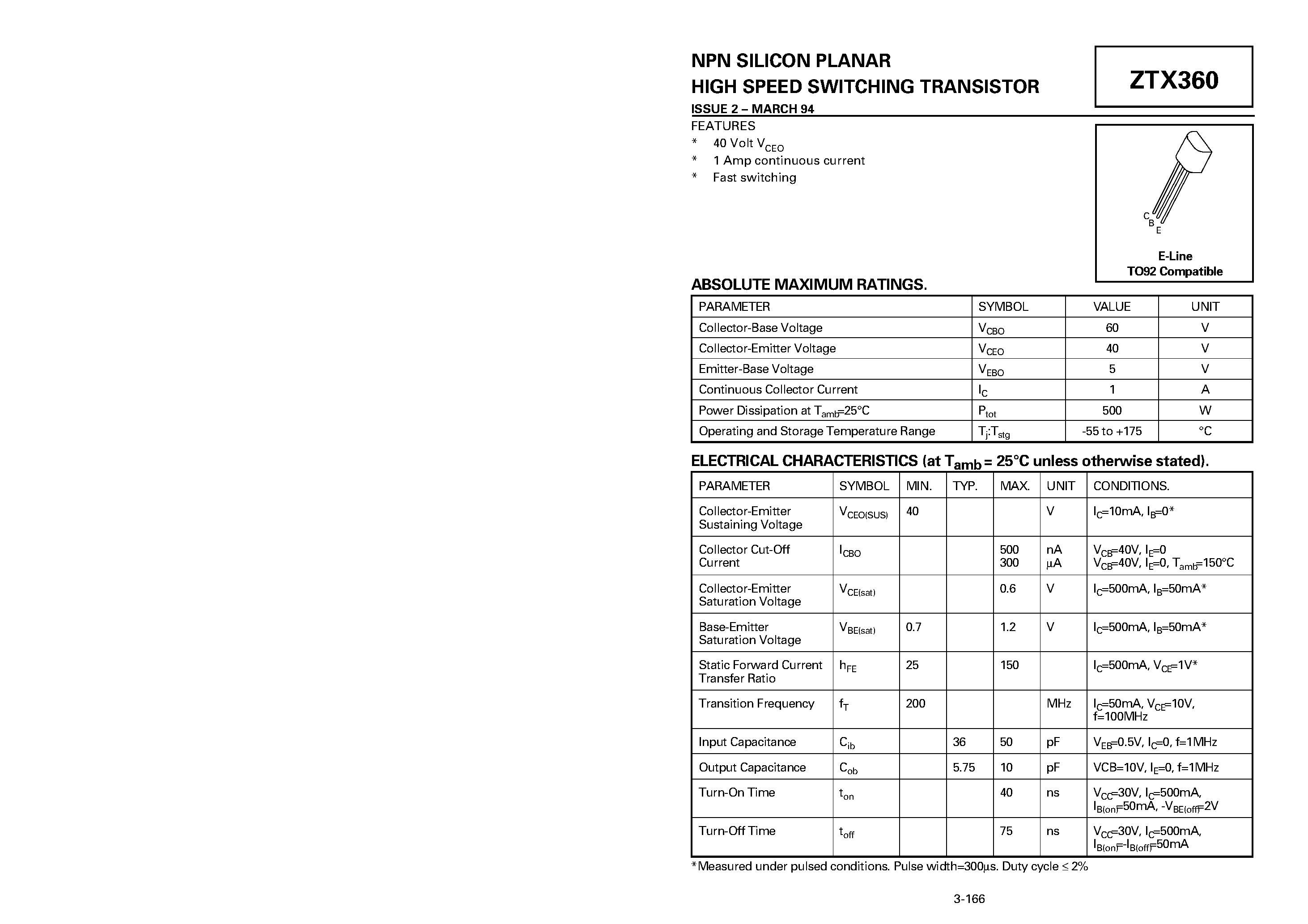 Datasheet ZTX360 - NPN SILICON PLANAR HIGH SPEED SWITCHING TRANSISTOR page 1