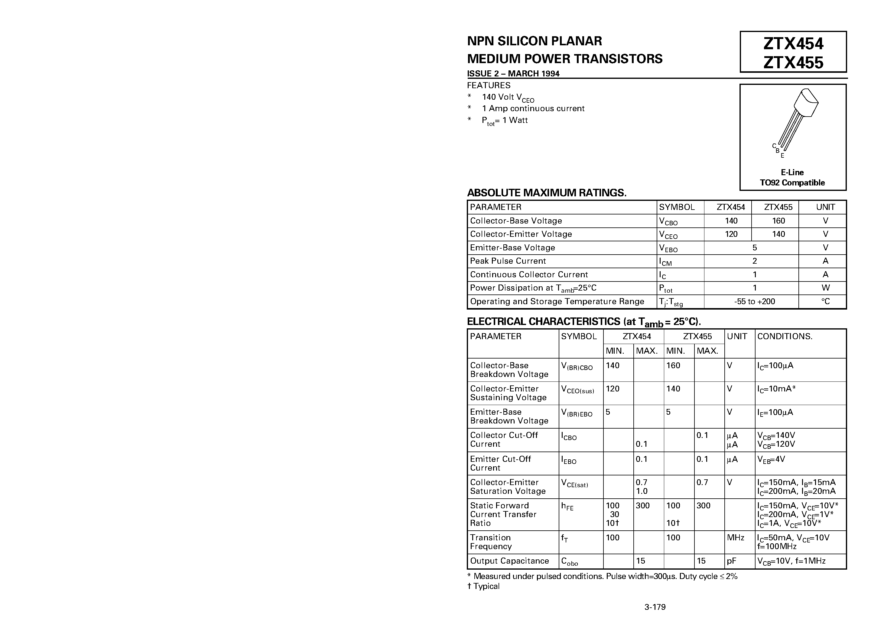 Datasheet ZTX455 - NPN SILICON PLANAR MEDIUM POWER TRANSISTORS page 1