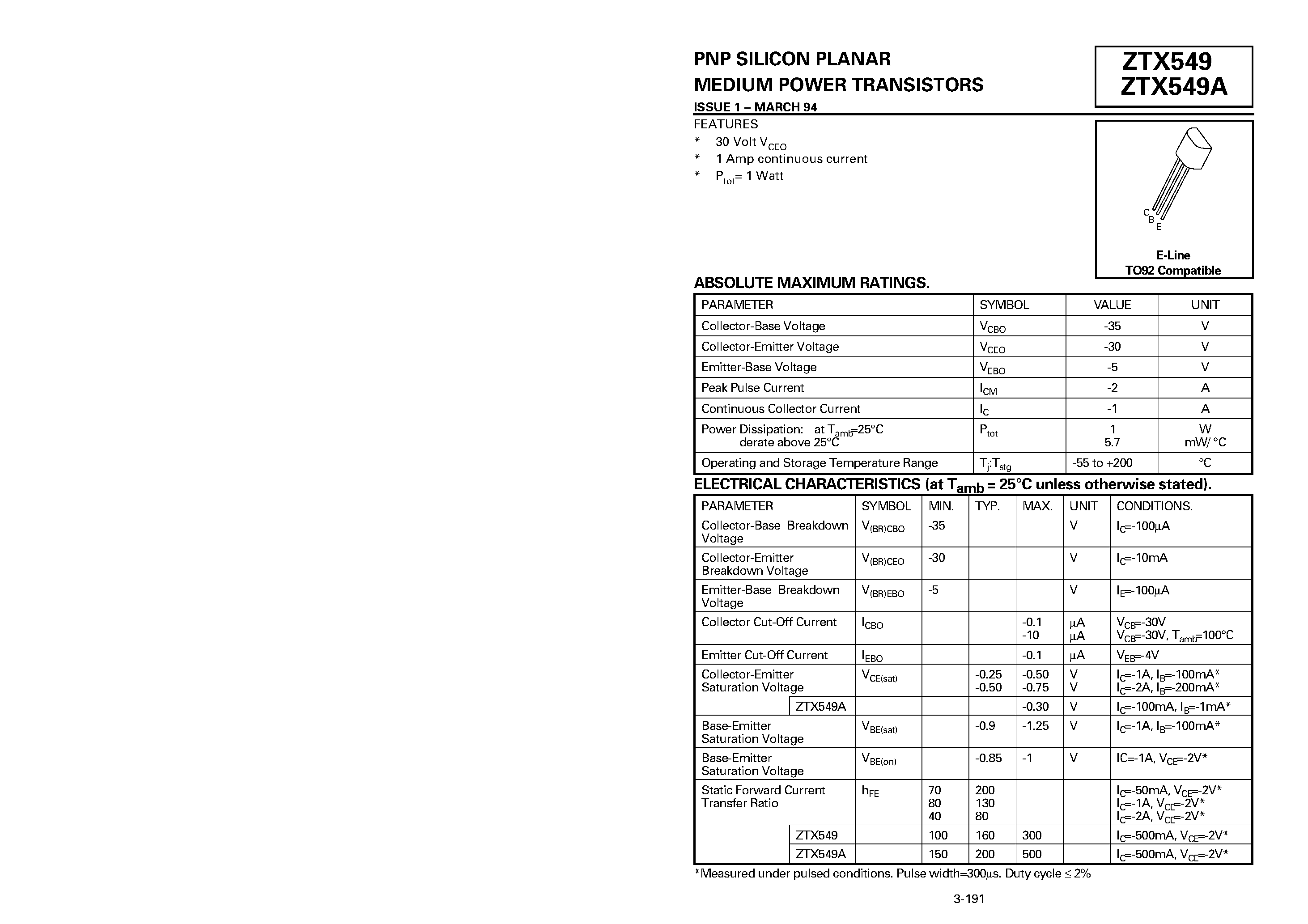 Datasheet ZTX549 - PNP SILICON PLANAR MEDIUM POWER TRANSISTORS page 1