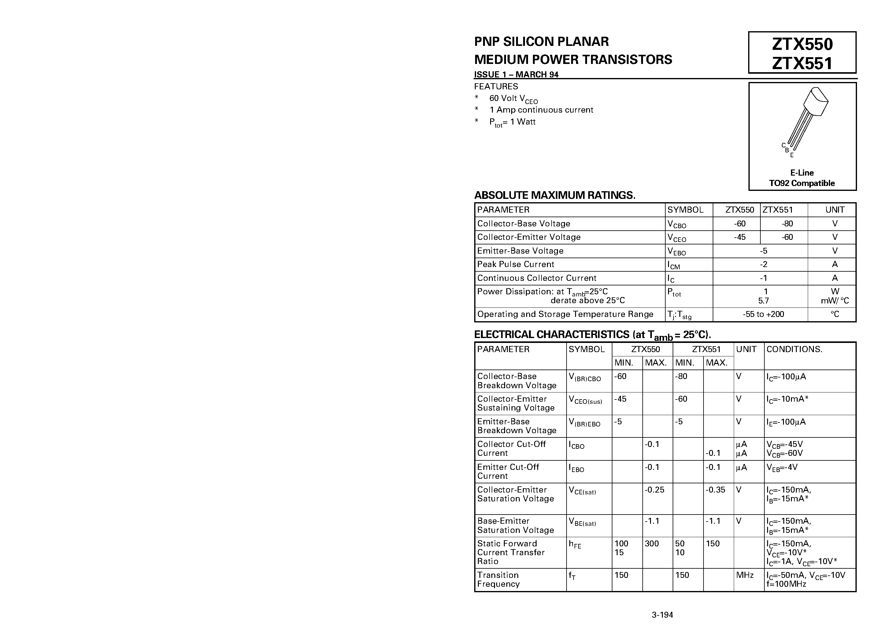 Datasheet ZTX550 - PNP SILICON PLANAR MEDIUM POWER TRANSISTORS page 1