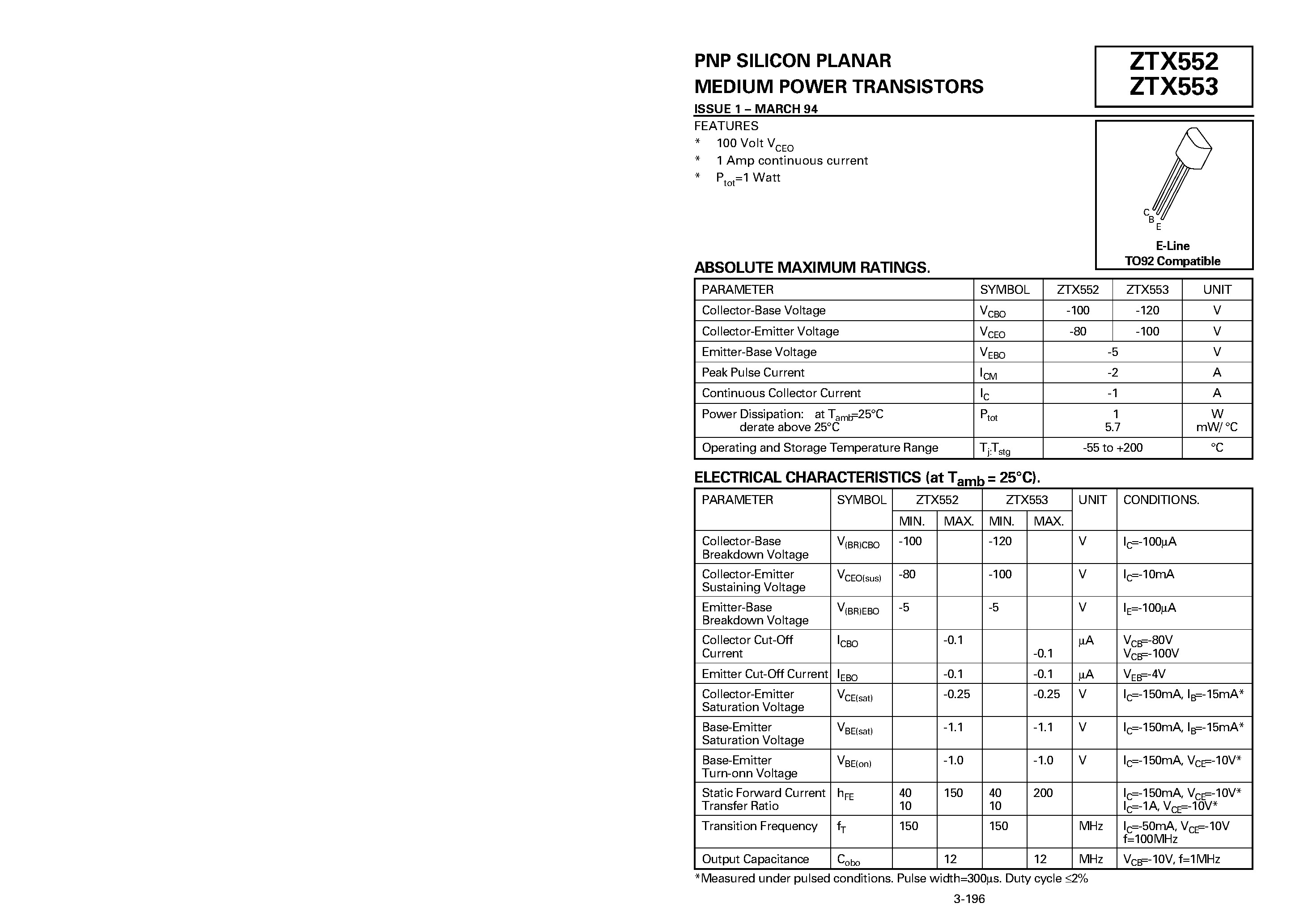 Datasheet ZTX552 - PNP SILICON PLANAR MEDIUM POWER TRANSISTORS page 1