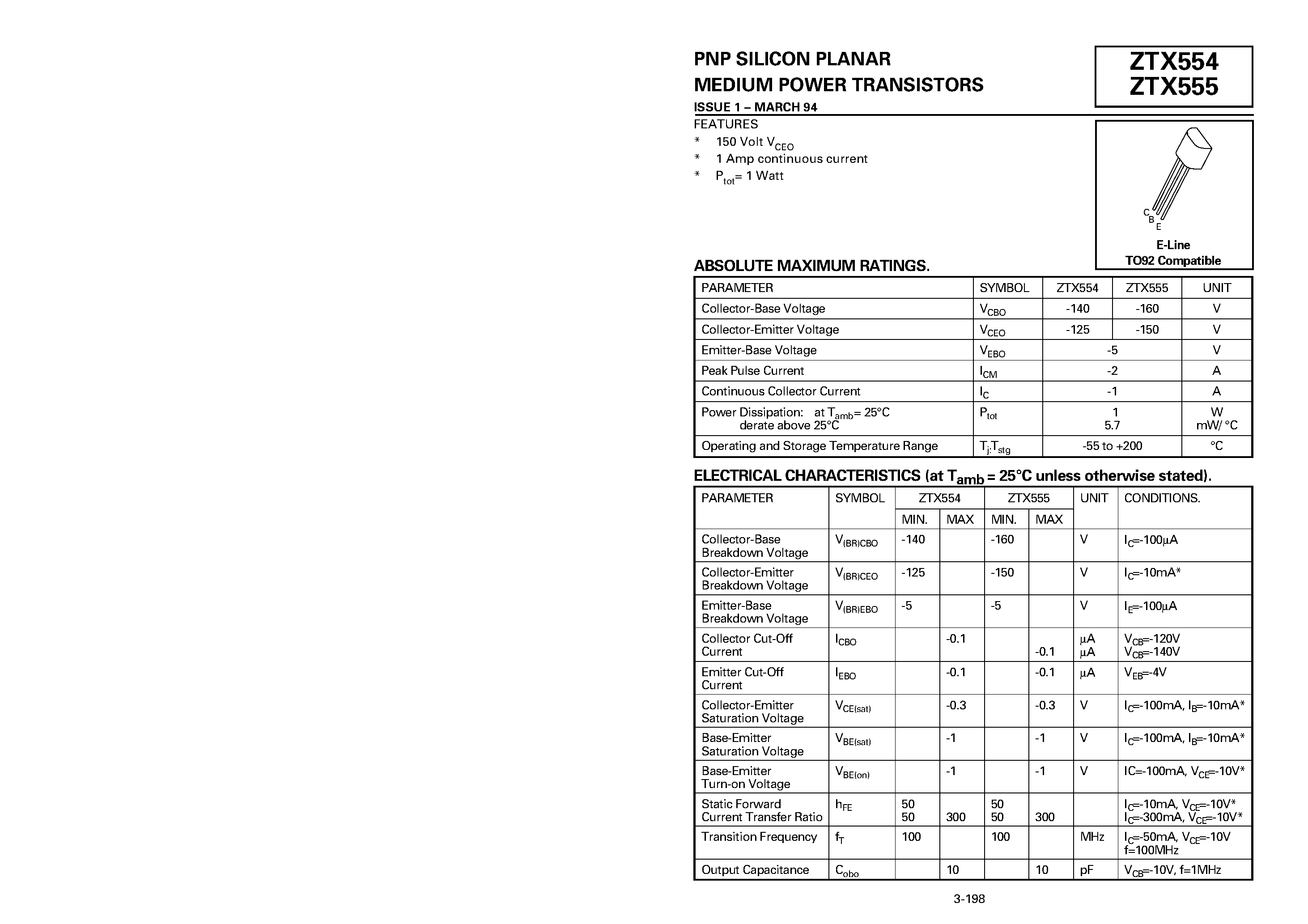 Datasheet ZTX554 - PNP SILICON PLANAR MEDIUM POWER TRANSISTORS page 1