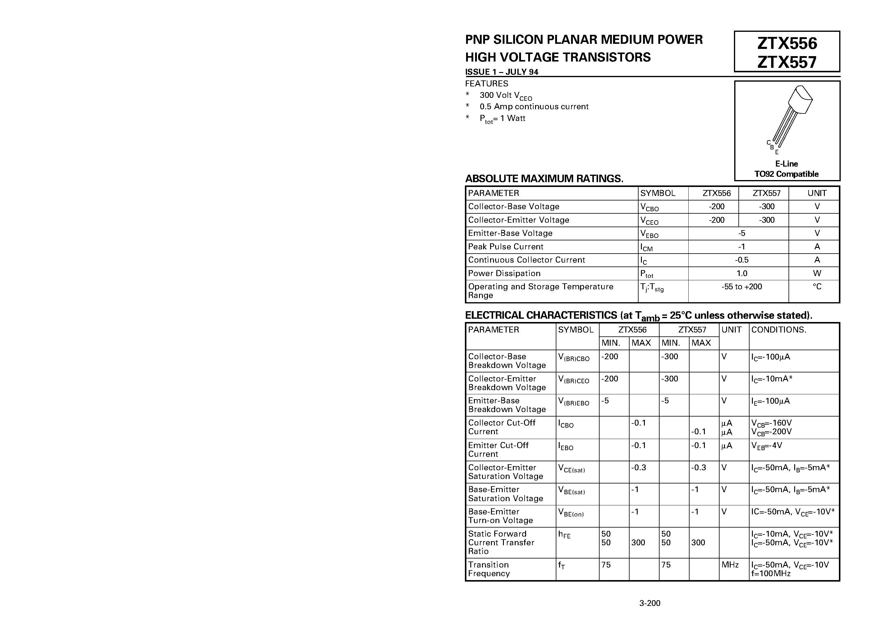 Datasheet ZTX556 - PNP SILICON PLANAR MEDIUM POWER HIGH VOLTAGE TRANSISTORS page 1