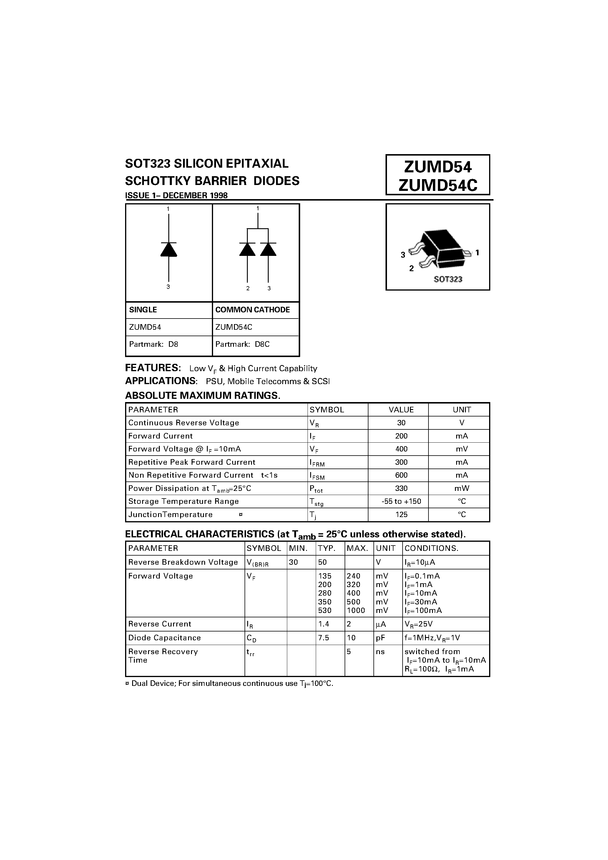 Даташит ZUMD54 - SILICON EPITAXIAL SCHOTTKY BARRIER DIODES страница 1