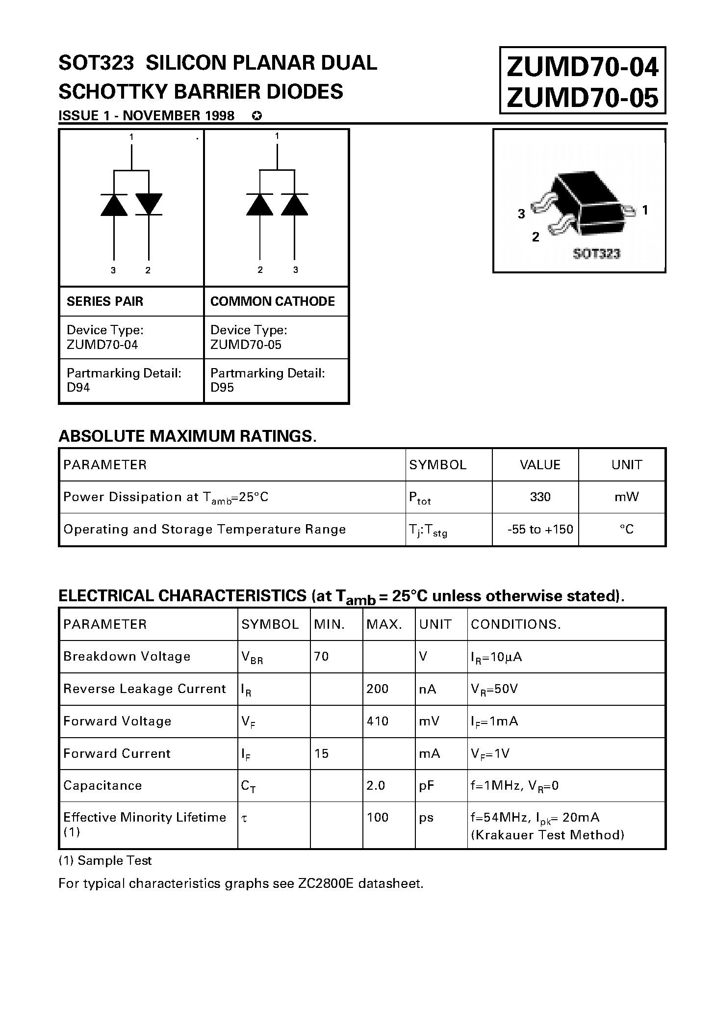 Даташит ZUMD70-04 - SILICON PLANAR DUAL SCHOTTKY BARRIER DIODES страница 1