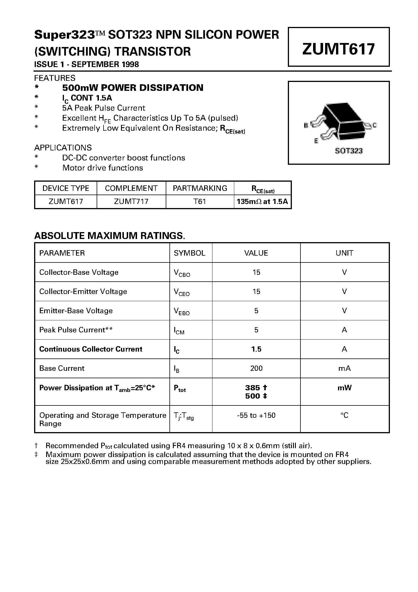 Datasheet ZUMT617 - NPN SILICON POWER (SWITCHING) TRANSISTOR page 1