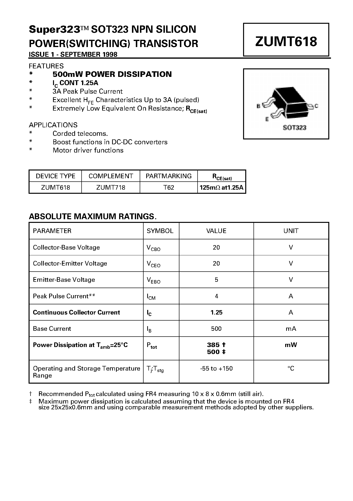 Datasheet ZUMT618 - NPN SILICON POWER(SWITCHING) TRANSISTOR page 1