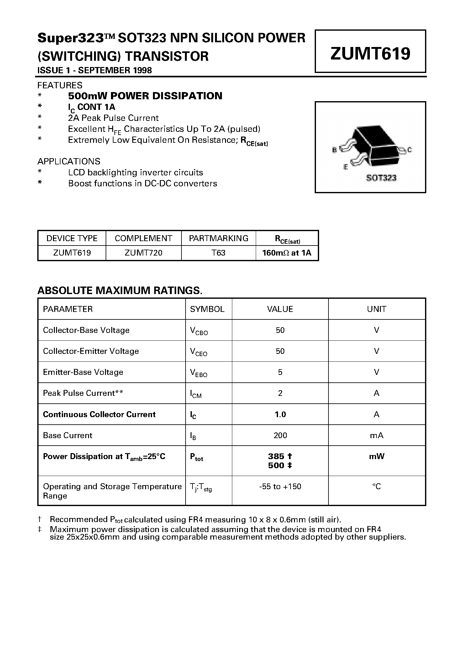 Datasheet ZUMT619 - NPN SILICON POWER (SWITCHING) TRANSISTOR page 1