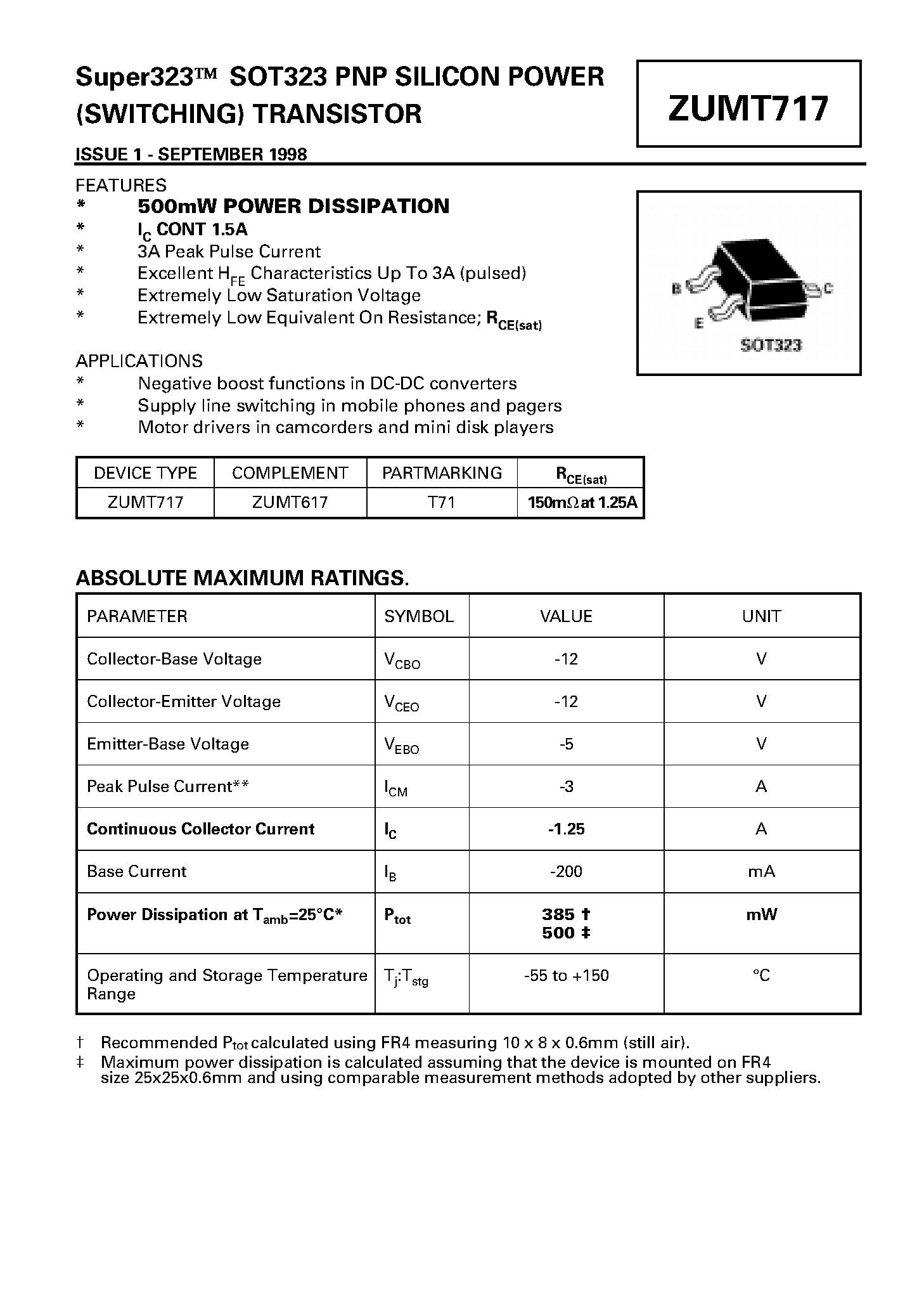 Datasheet ZUMT717 - PNP SILICON POWER (SWITCHING) TRANSISTOR page 1