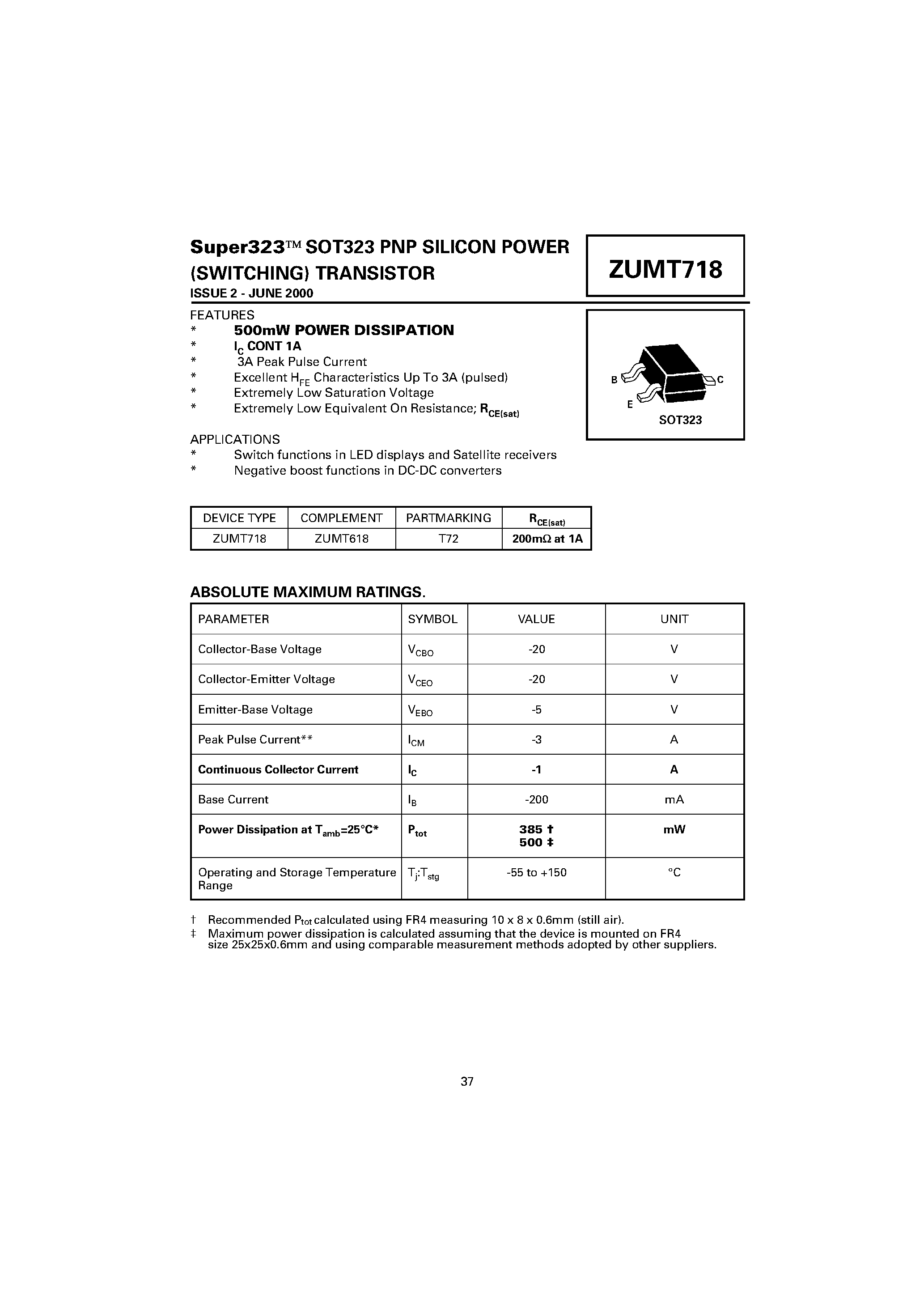 Datasheet ZUMT718 - PNP SILICON POWER (SWITCHING) TRANSISTOR page 1