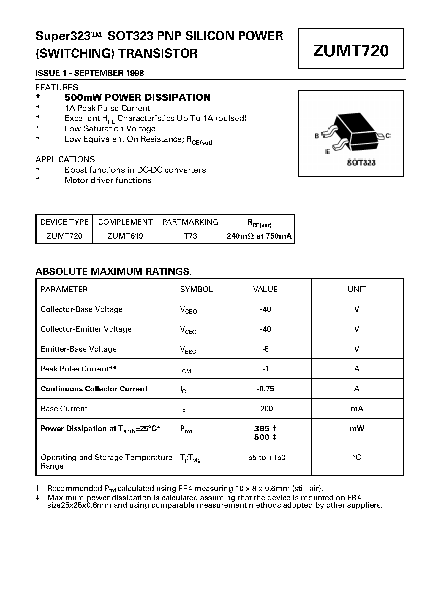 Datasheet ZUMT720 - PNP SILICON POWER (SWITCHING) TRANSISTOR page 1