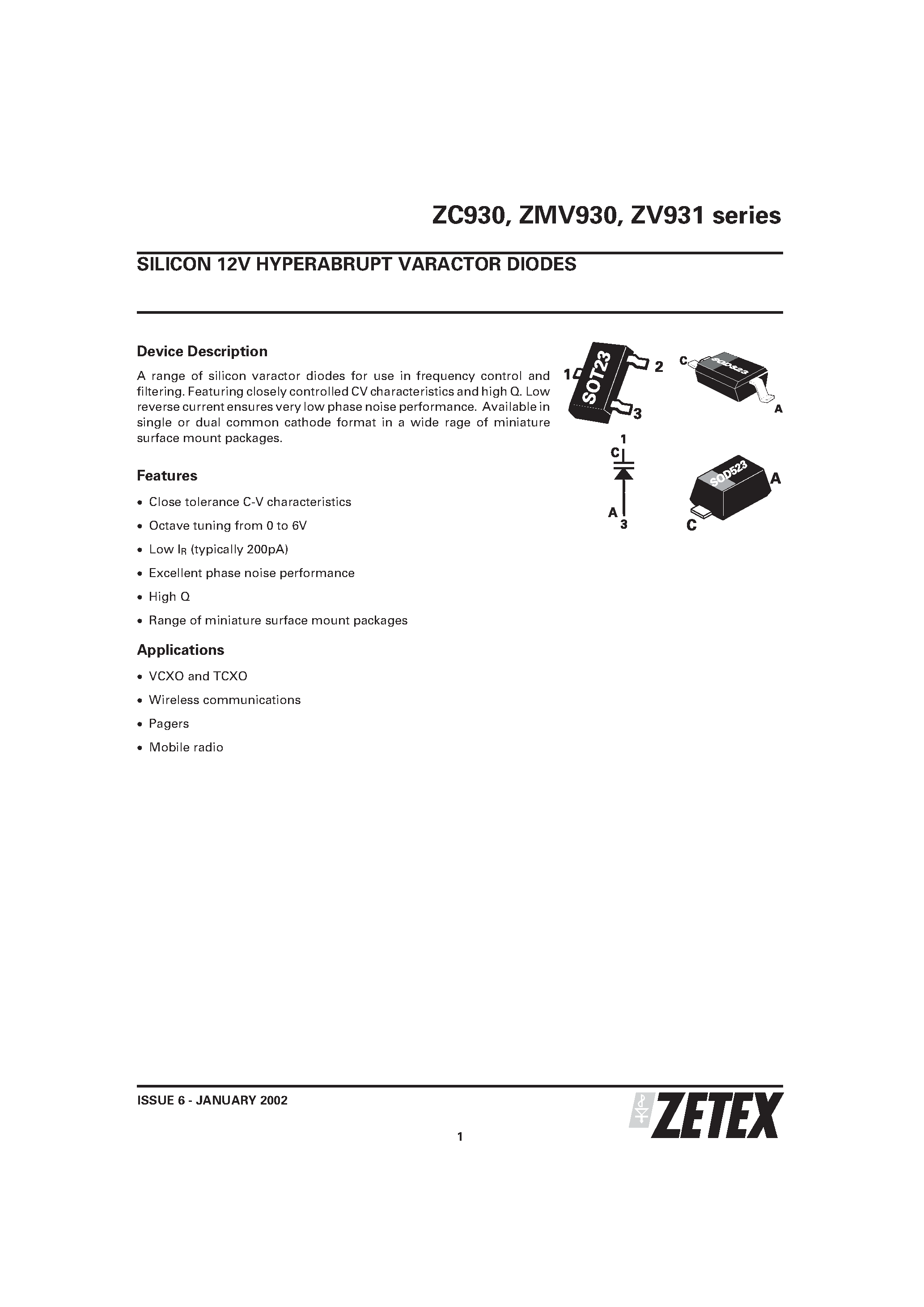 Даташит ZV931 - SILICON 12V HYPERABRUPT VARACTOR DIODES страница 1