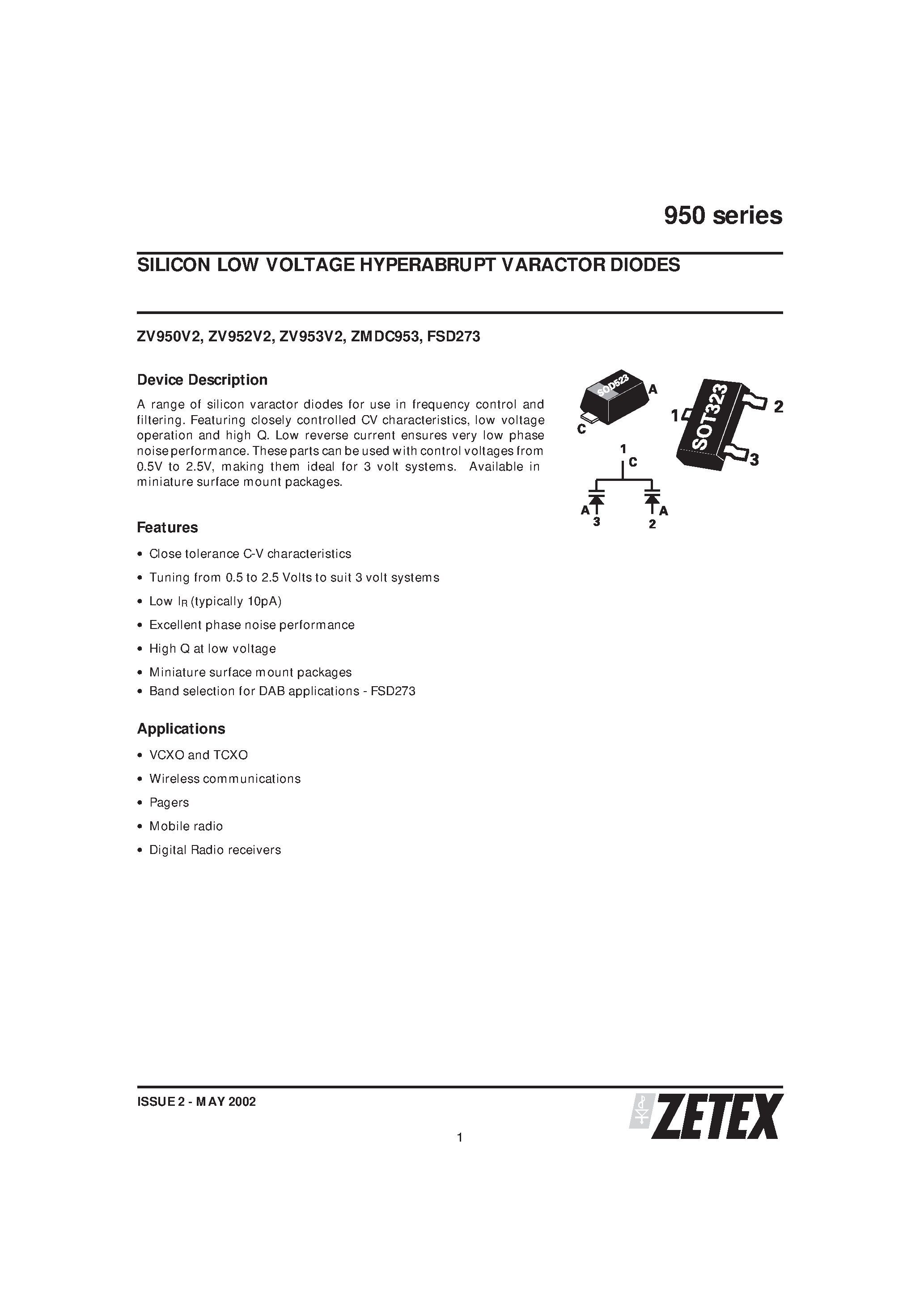 Даташит ZV950V2 - SILICON LOW VOLTAGE HYPERABRUPT VARACTOR DIODES страница 1